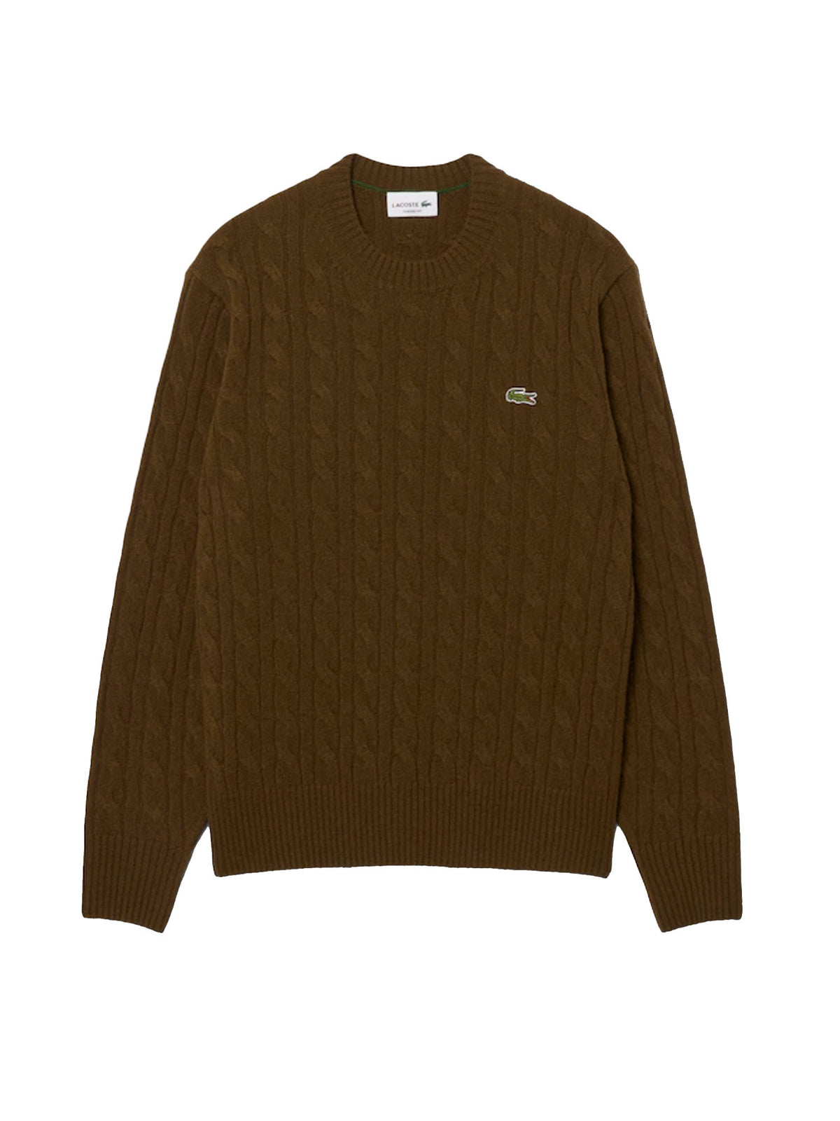 Lacoste Maglione girocollo a trecce in lana cardata Marrone