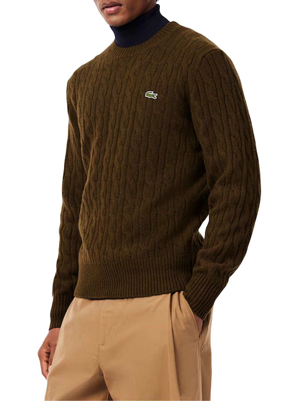 Lacoste Maglione girocollo a trecce in lana cardata Marrone
