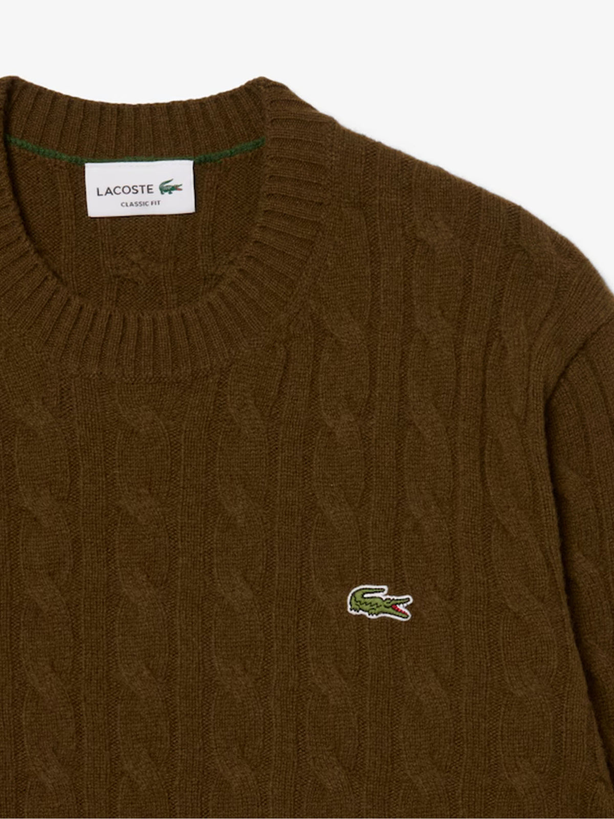 Lacoste Maglione girocollo a trecce in lana cardata Marrone