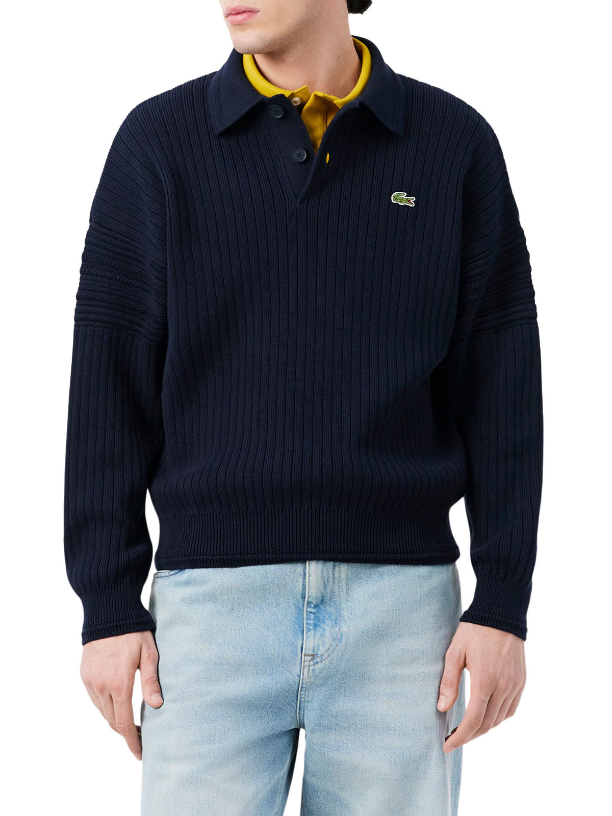 Lacoste Maglione con colletto a polo in cotone Made in France Blu