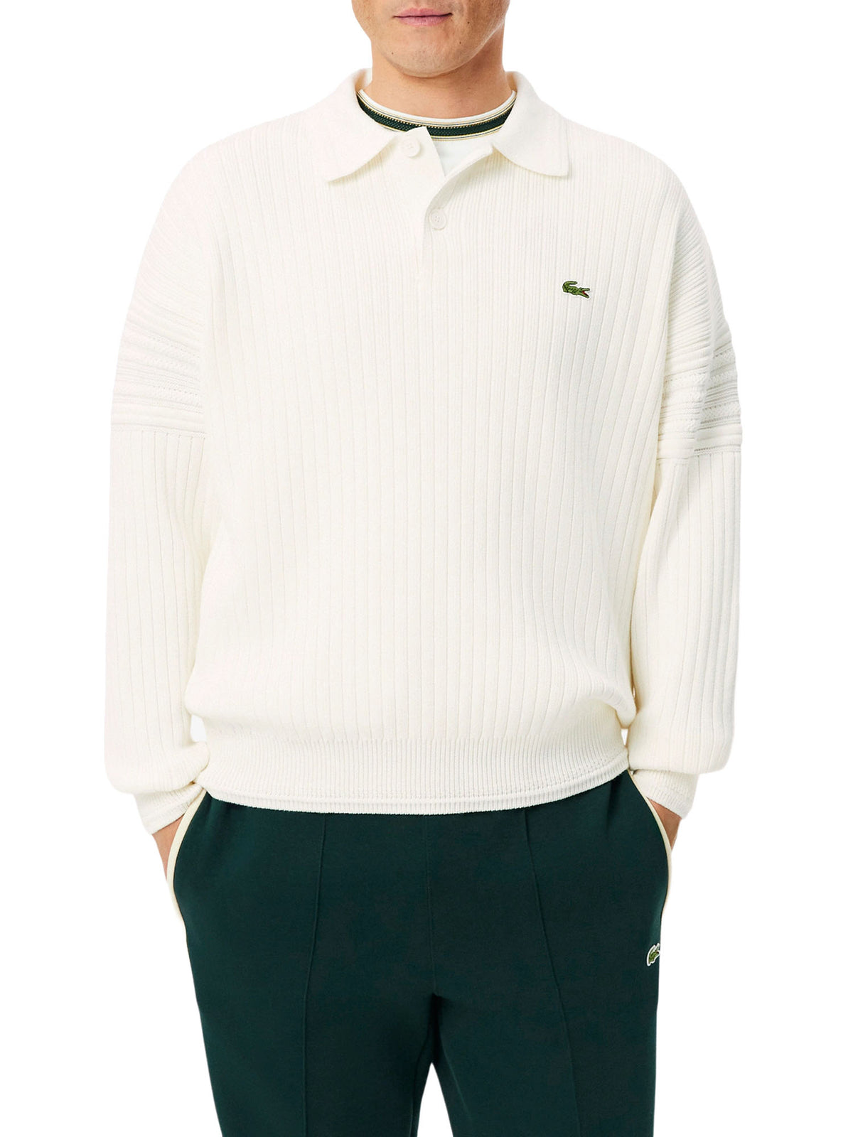 Lacoste Maglione con colletto a polo in cotone Made in France Bianco