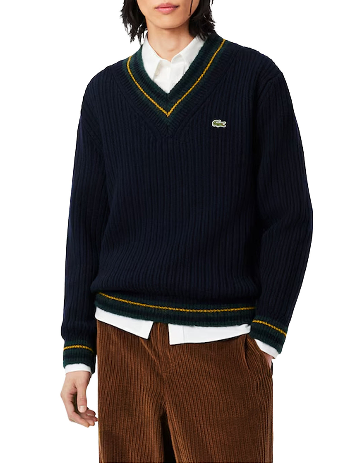 Lacoste Maglione in lana con scollo a V a righe Verde
