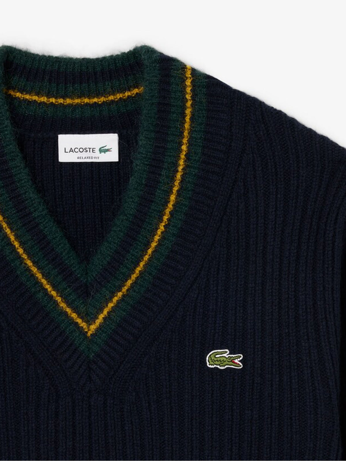 Lacoste Maglione in lana con scollo a V a righe Verde