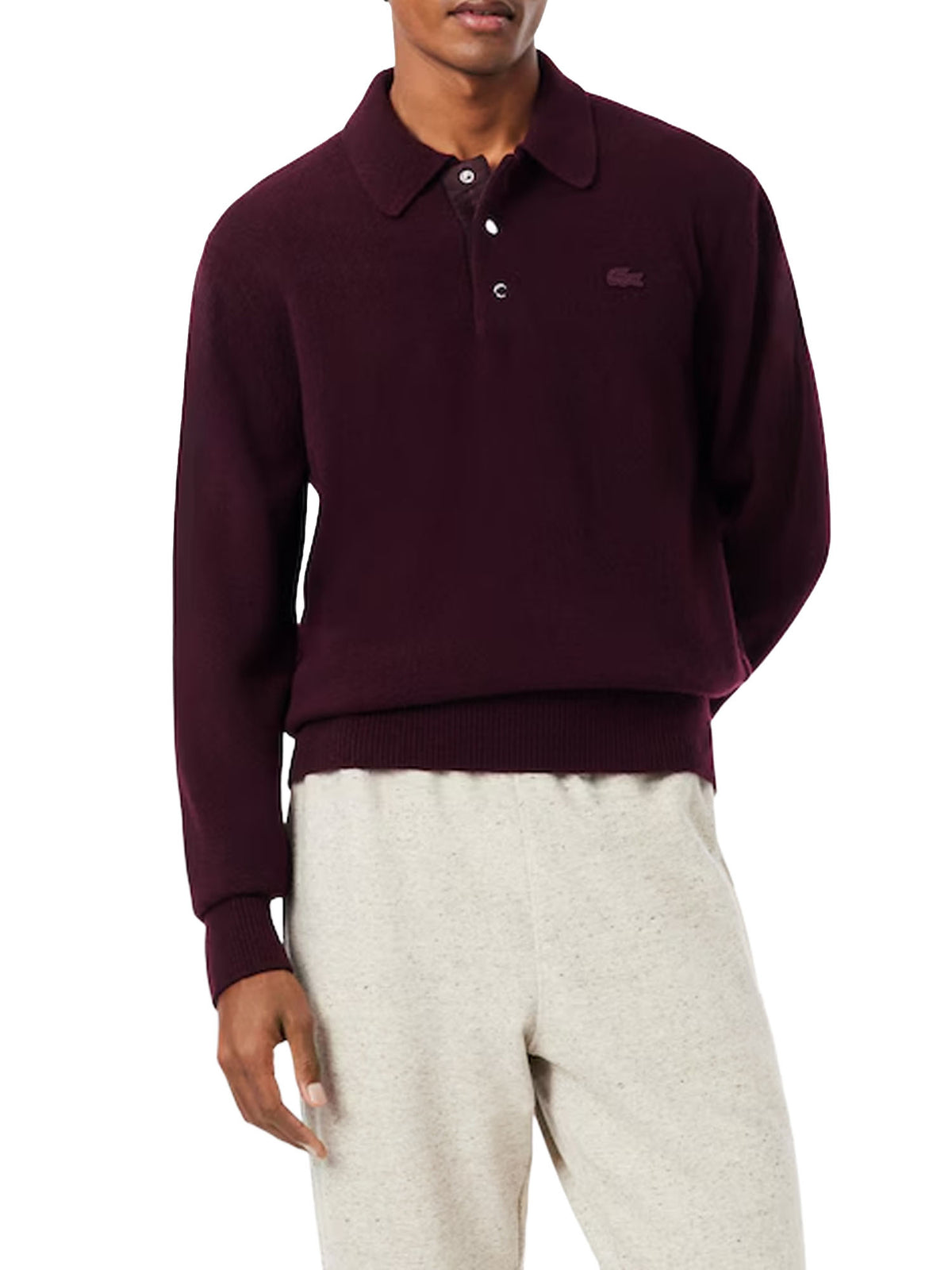 Lacoste Maglione con colletto a polo in feltro di lana Bordeaux