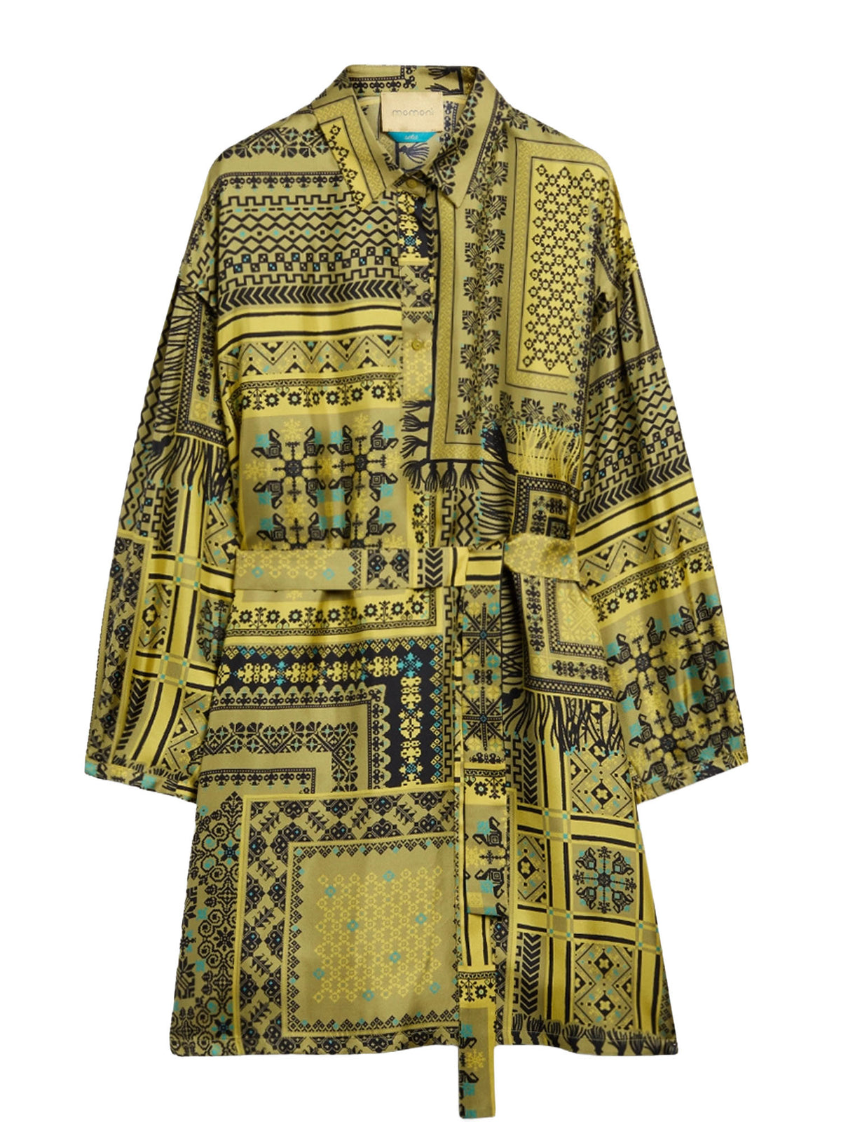 Momonì Abito corto blusonne Uma in twill di seta stampato Verde
