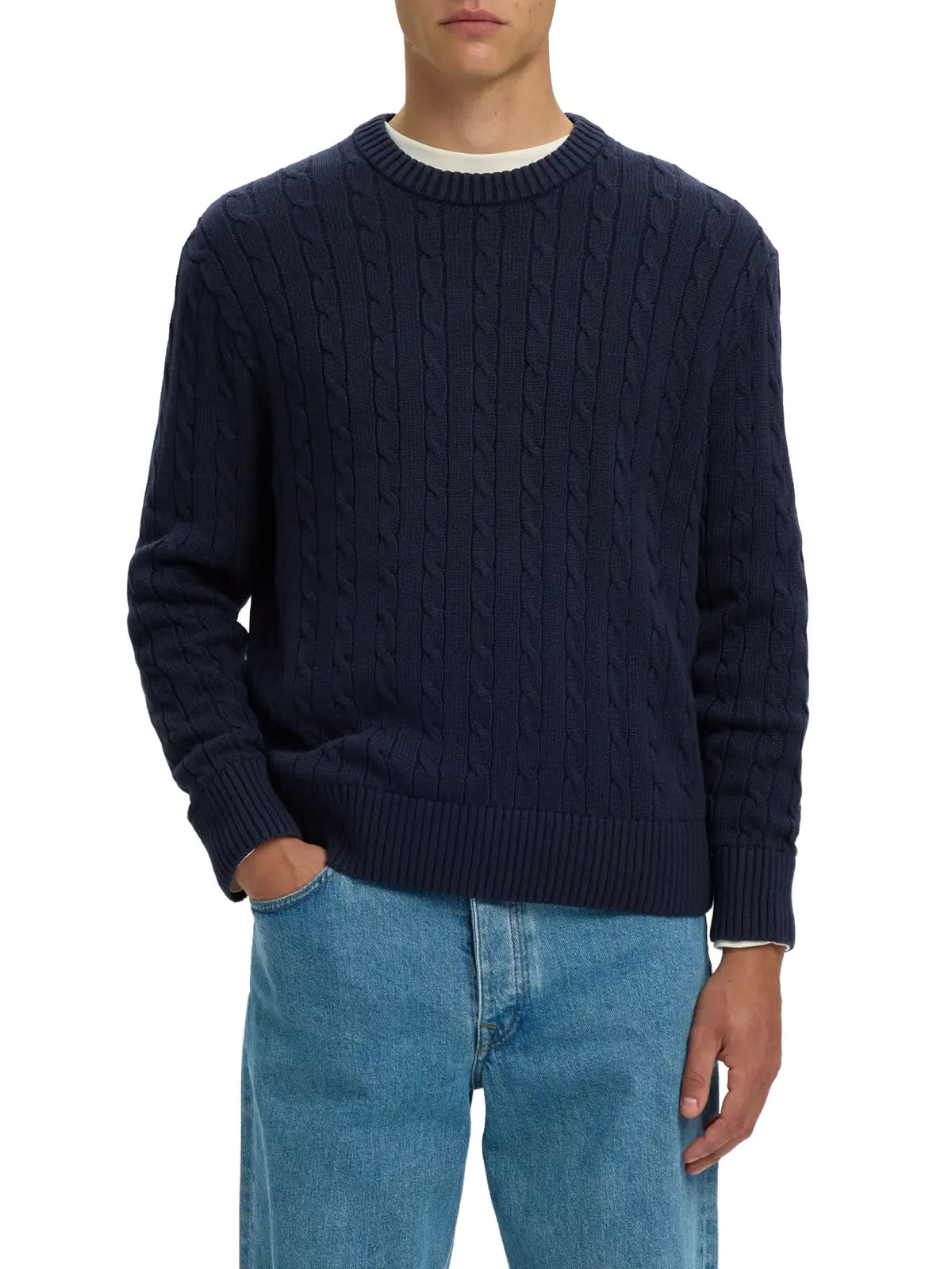 Selected SLMBraun Knit Cable Crew Noos Blu
