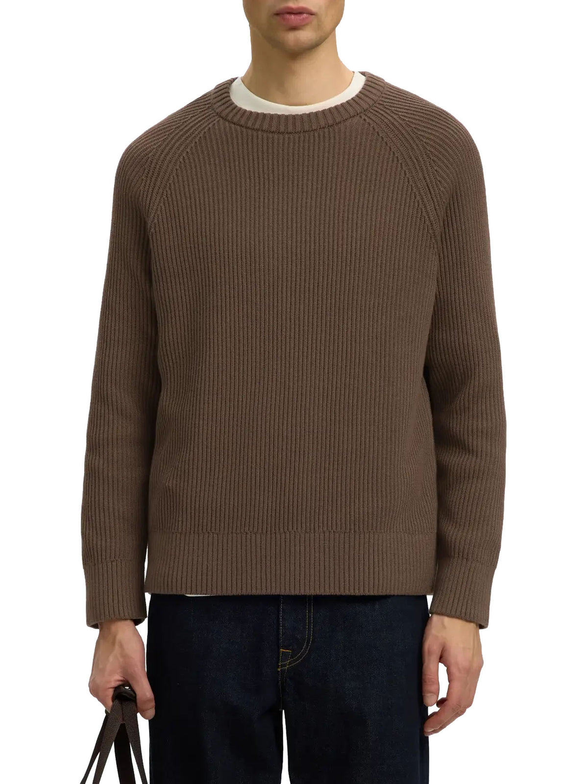Selected SLMBraun Knit Rlx Rib Crew Neck Noos Marrone