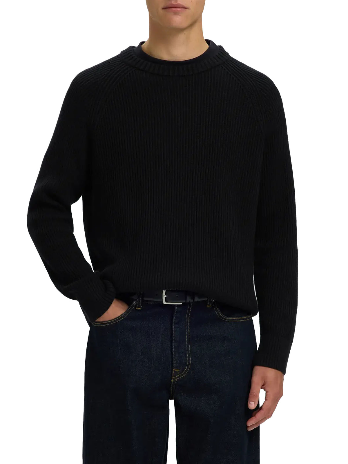 Selected SLMBraun Knit Rlx Rib Crew Neck Noos Nero
