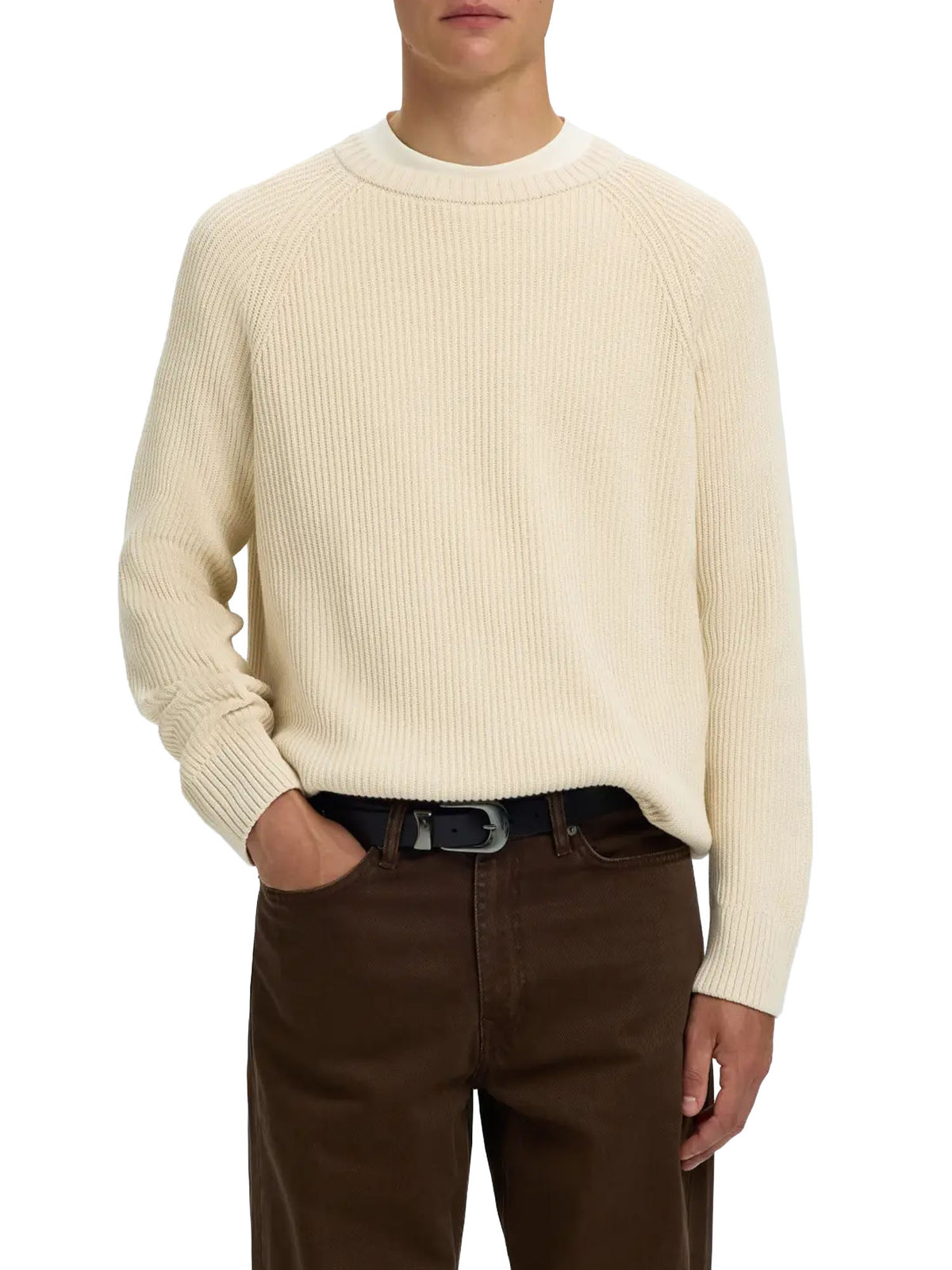 Selected SLMBraun Knit Rlx Rib Crew Neck Noos Beige