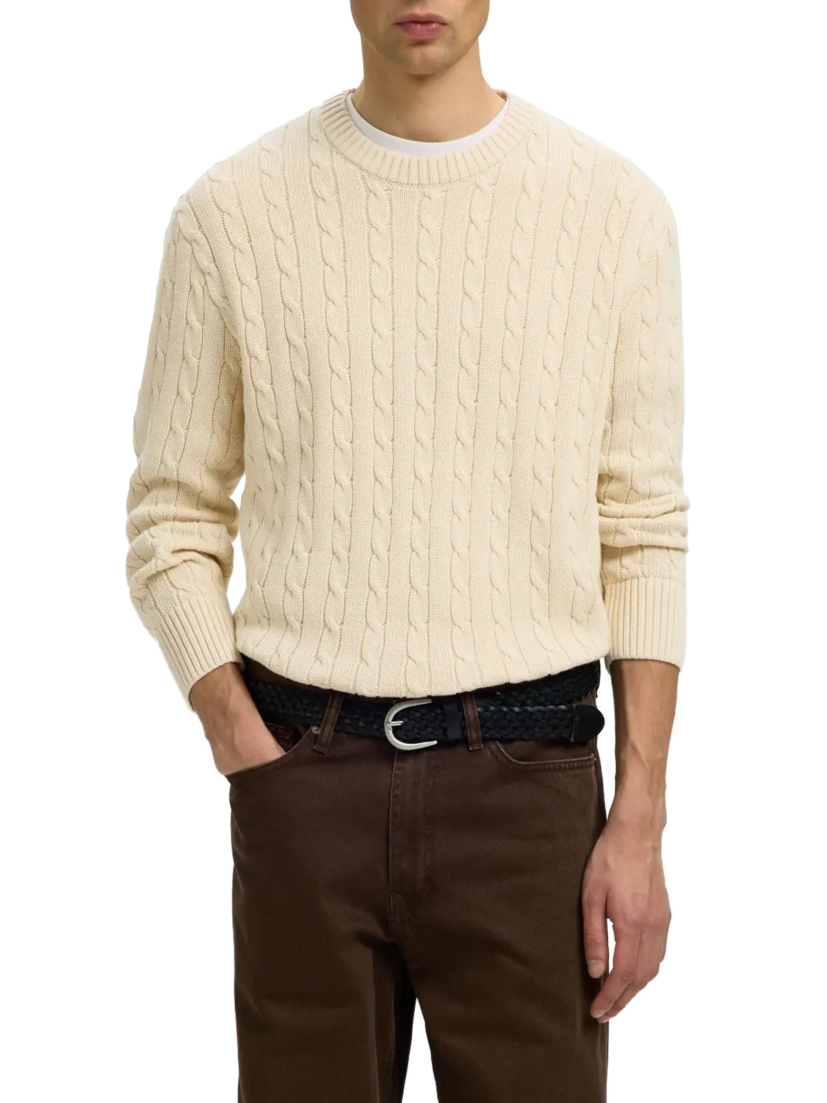 Selected SLMBraun Knit Cable Crew Noos Beige