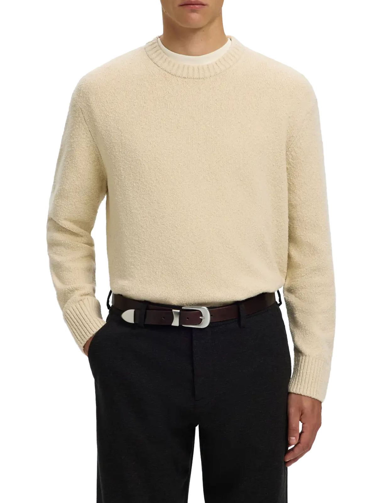 Selected SLMAlex LS Knit Rlx Crew Neck Noos Beige