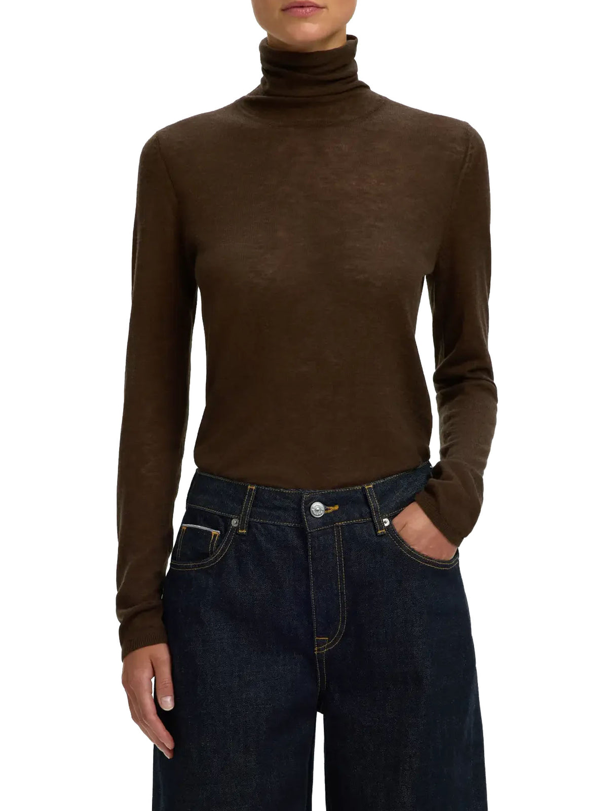 Selected SLWVendy Wool LS Knit Roll Neck Noos Marrone