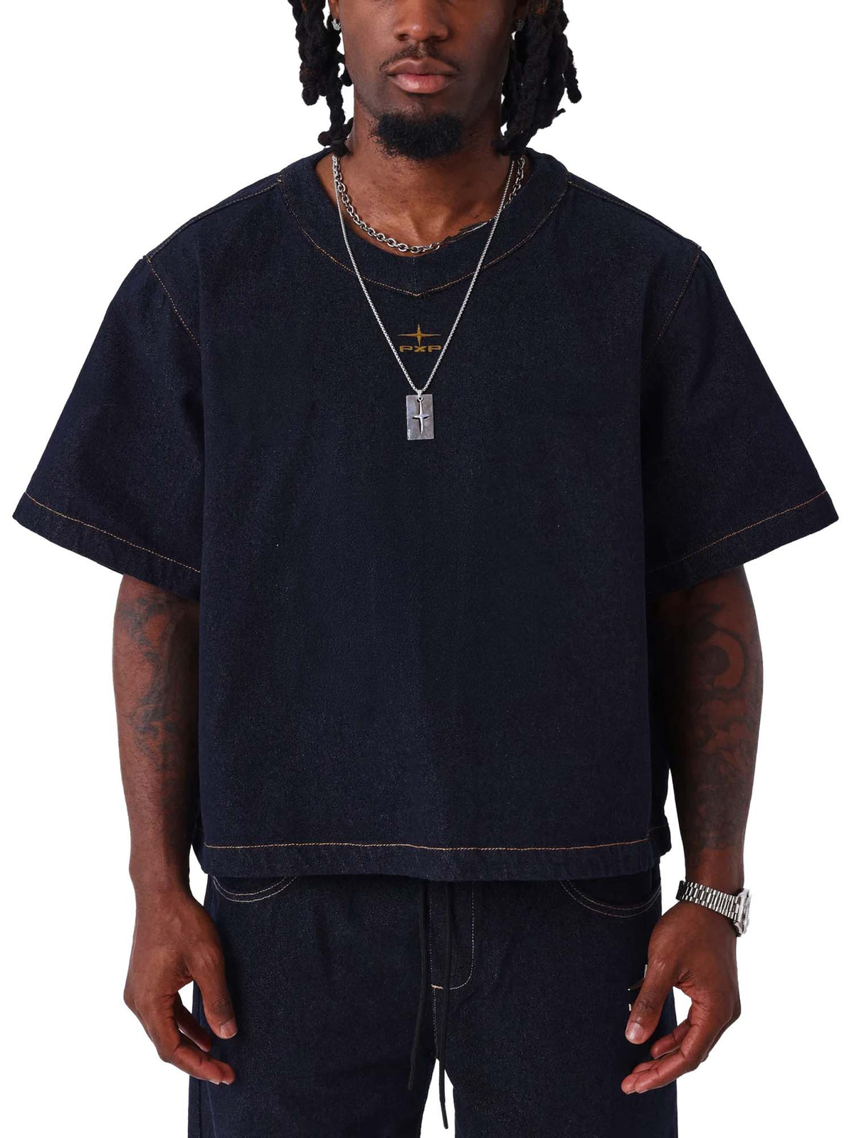 Project X Paris T-shirt in denim con scollo a V Snow Blu