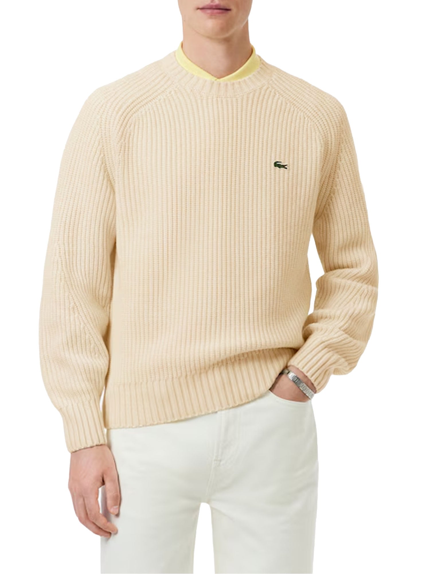 Lacoste Maglione spesso in lana cardata con girocollo Beige