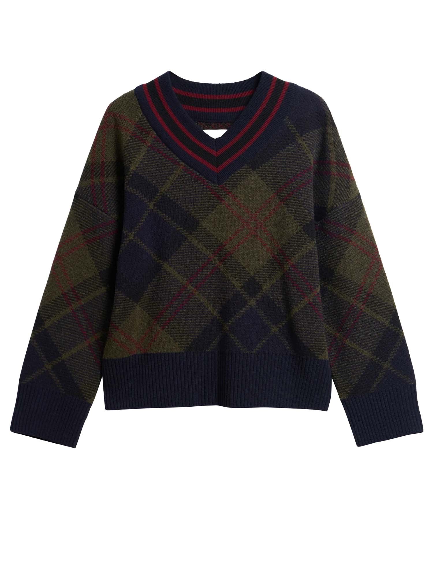 Barbour Maglione Shae in lana tartan con scollo a V Verde