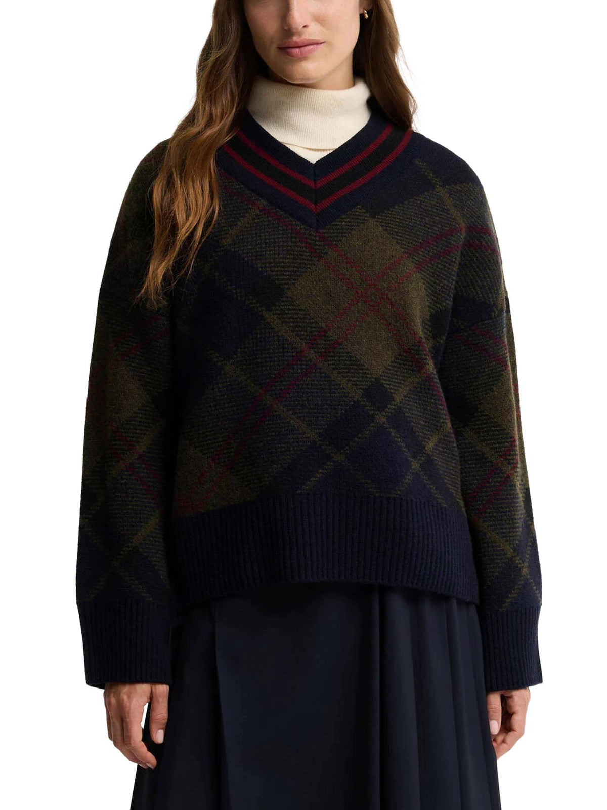 Barbour Maglione Shae in lana tartan con scollo a V Verde