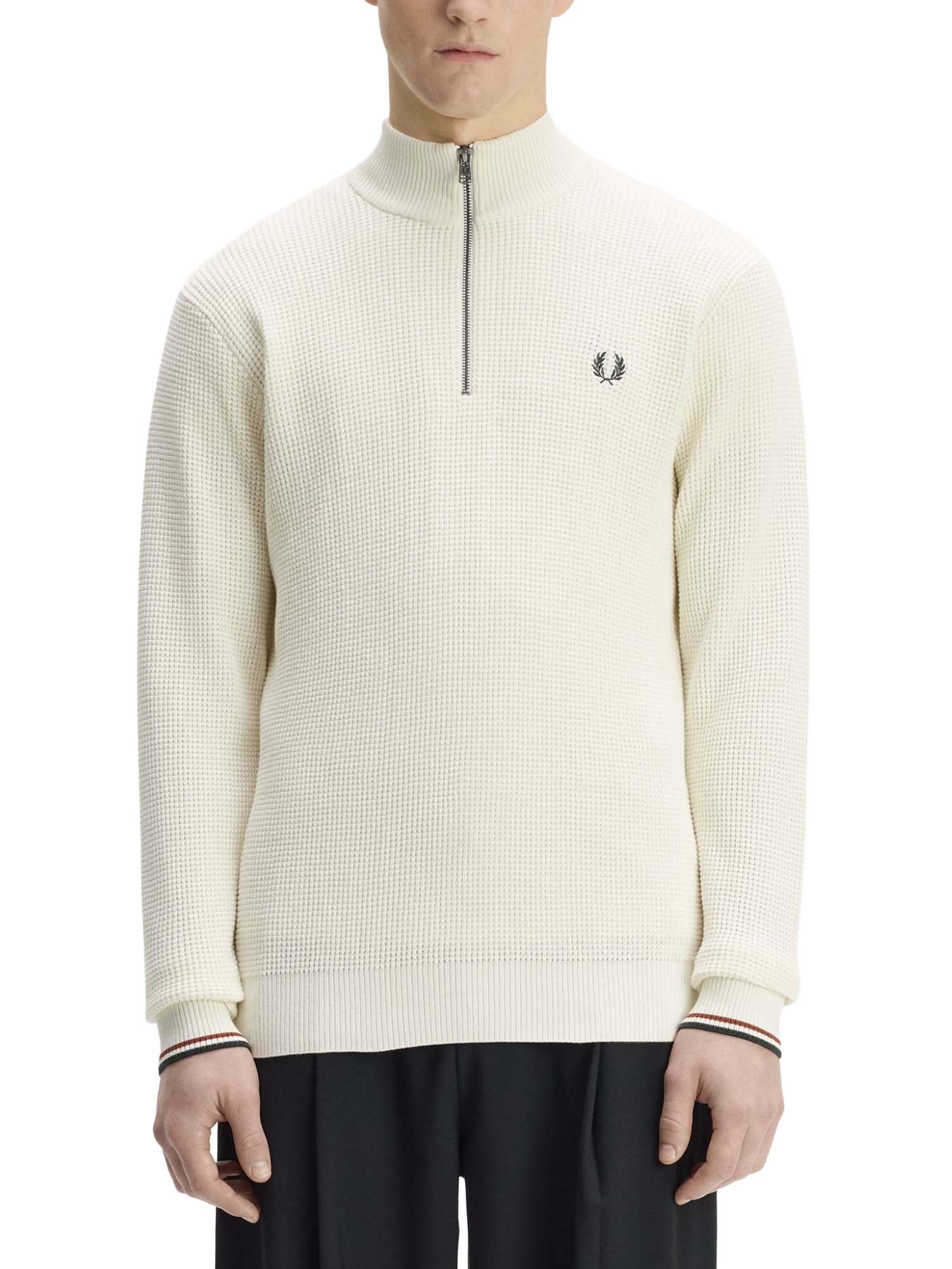 Fred Perry Maglione a mezza zip con lavorazione goffrata Bianco