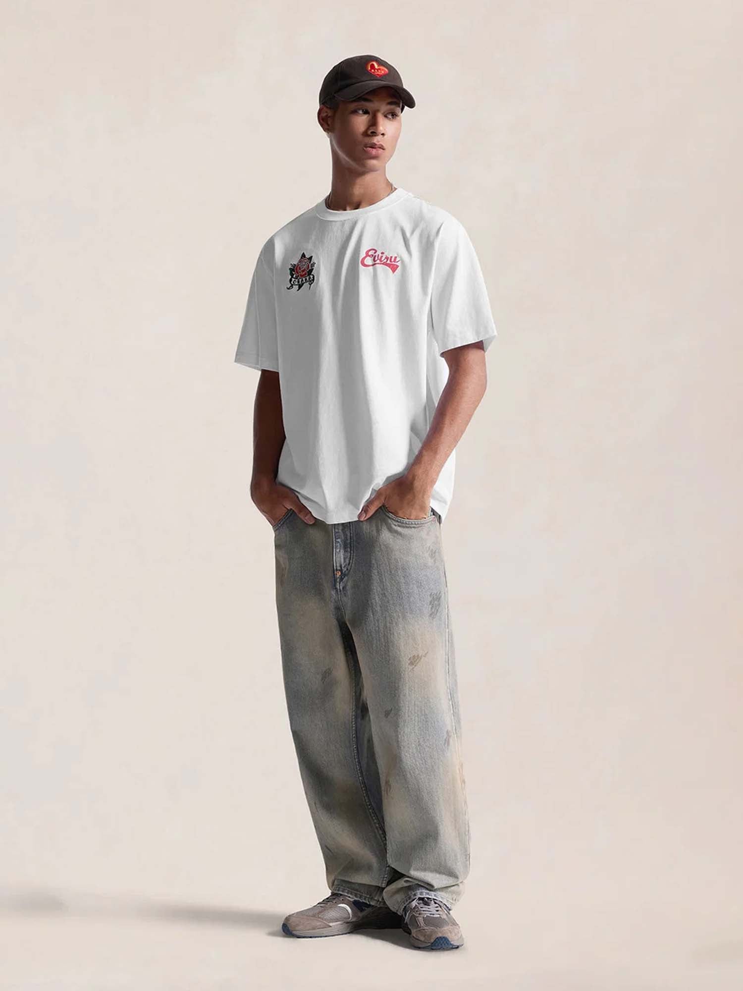 Evisu T-Shirt Osaka Rose & Seagull Print Bianco