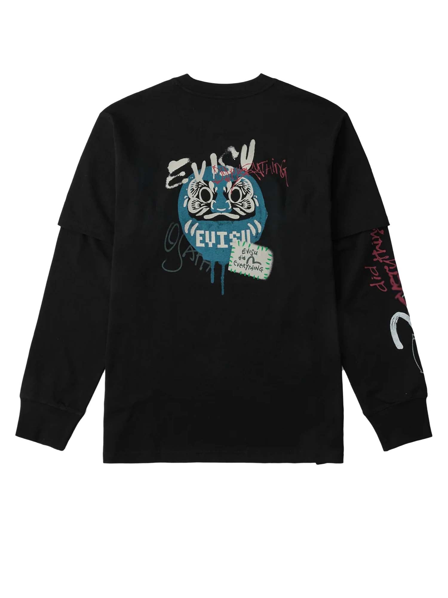 T-Shirt Daruma Print Faux Layered Long-Sleeve
