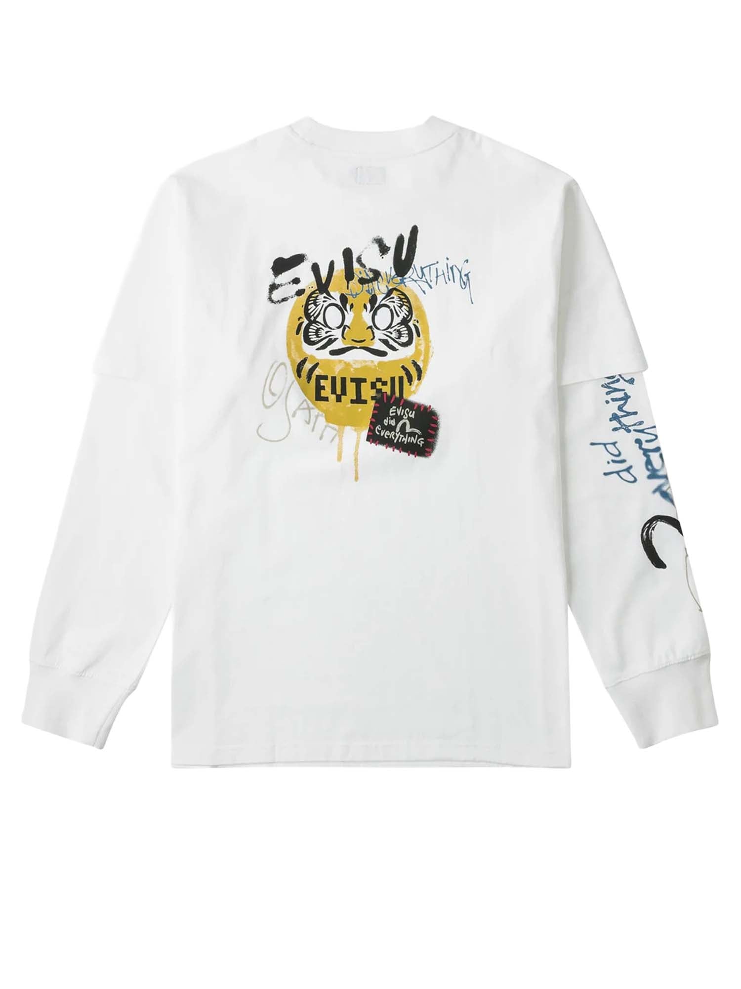 T-Shirt Daruma Print Faux Layered Long-Sleeve