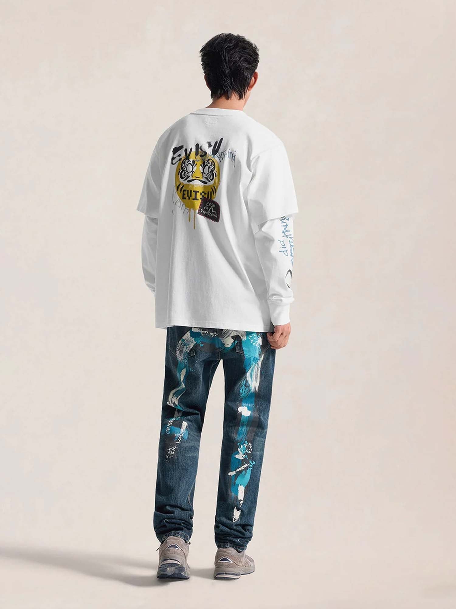 Evisu T-Shirt Daruma Print Faux Layered Long-Sleeve Bianco
