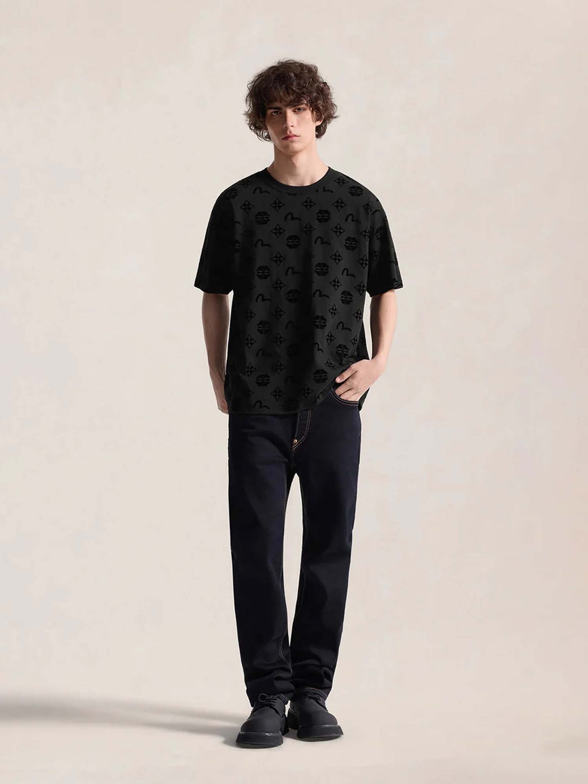 Evisu T-shirt Allover Flocking Kamon & Seagull Nero