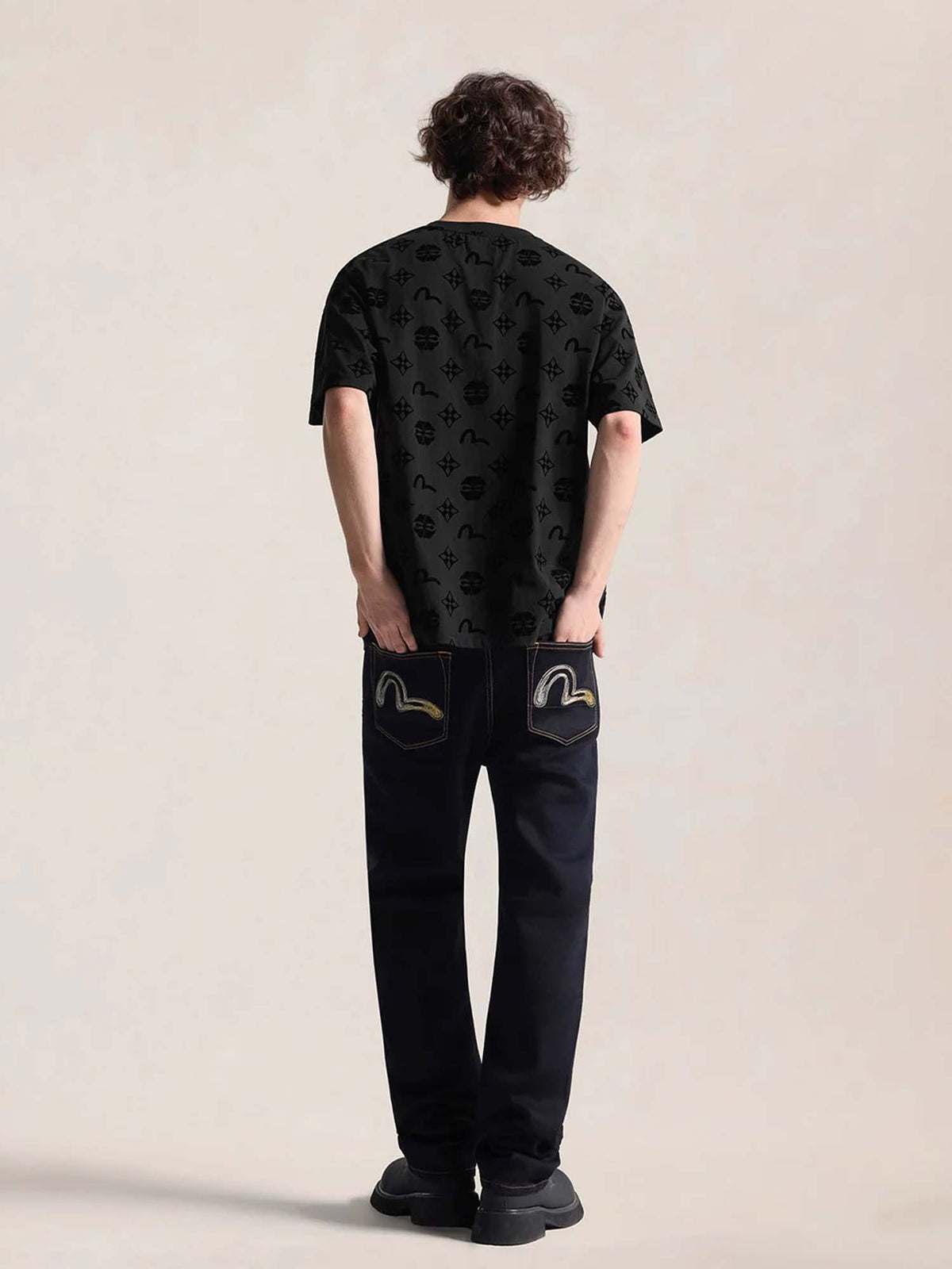 Evisu T-shirt Allover Flocking Kamon & Seagull Nero