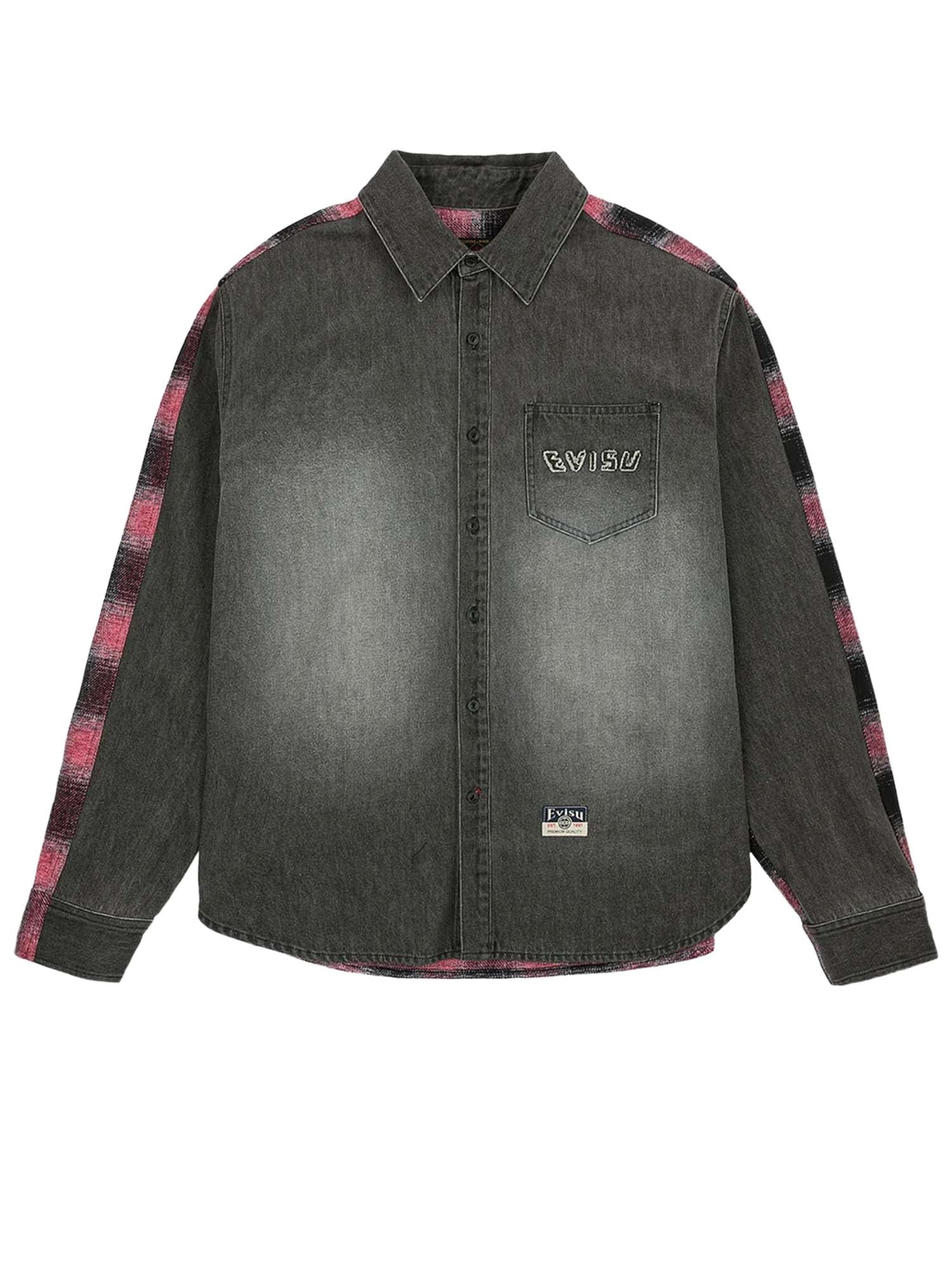 Evisu Camicia Fabric Blocking Denim Grigio