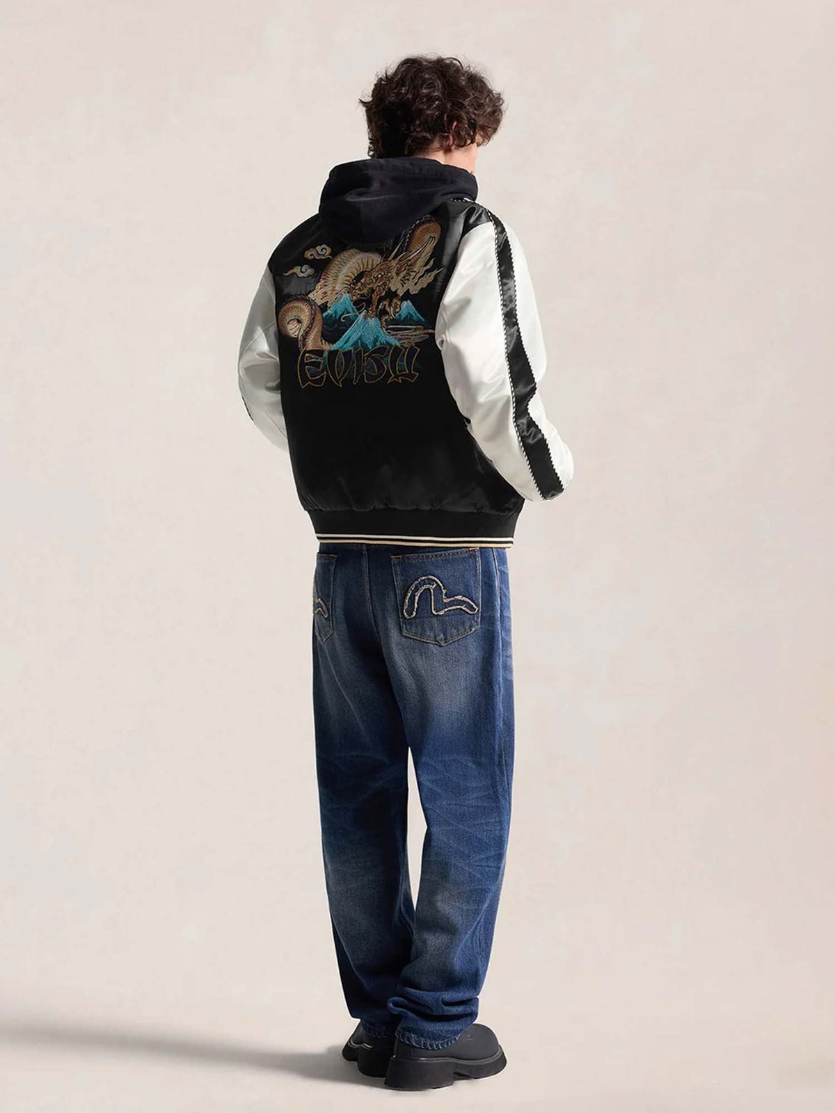 Evisu Bomber Jacket Whale Embroidery Souvenior Nero