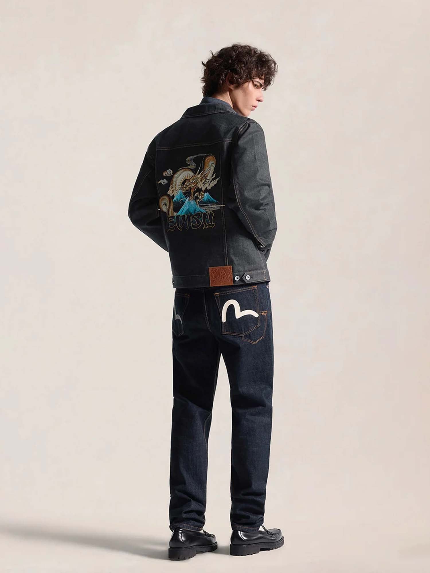 Evisu Giacca Flying Dragon Embroidered Denim Blu