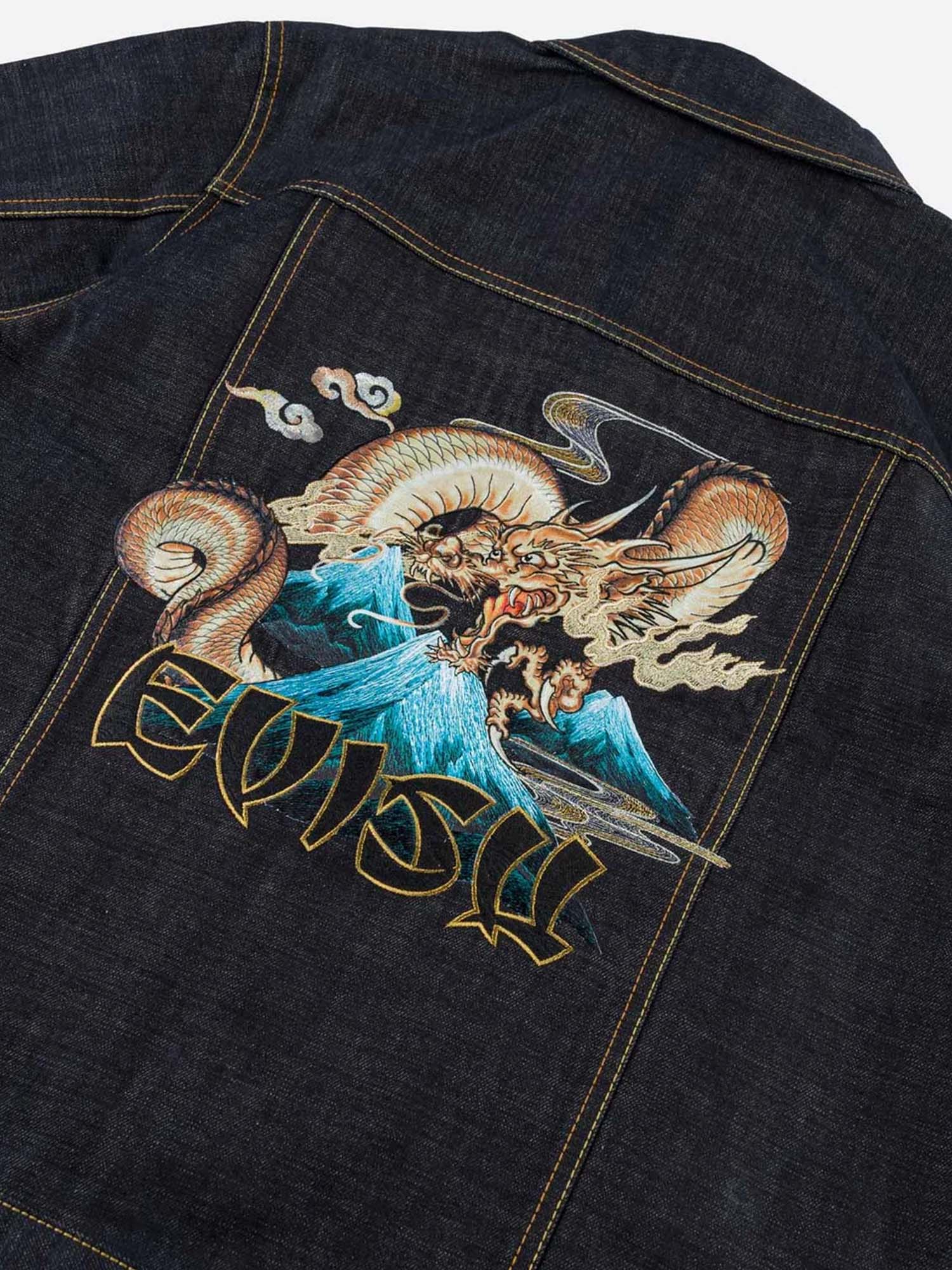 Evisu Giacca Flying Dragon Embroidered Denim Blu