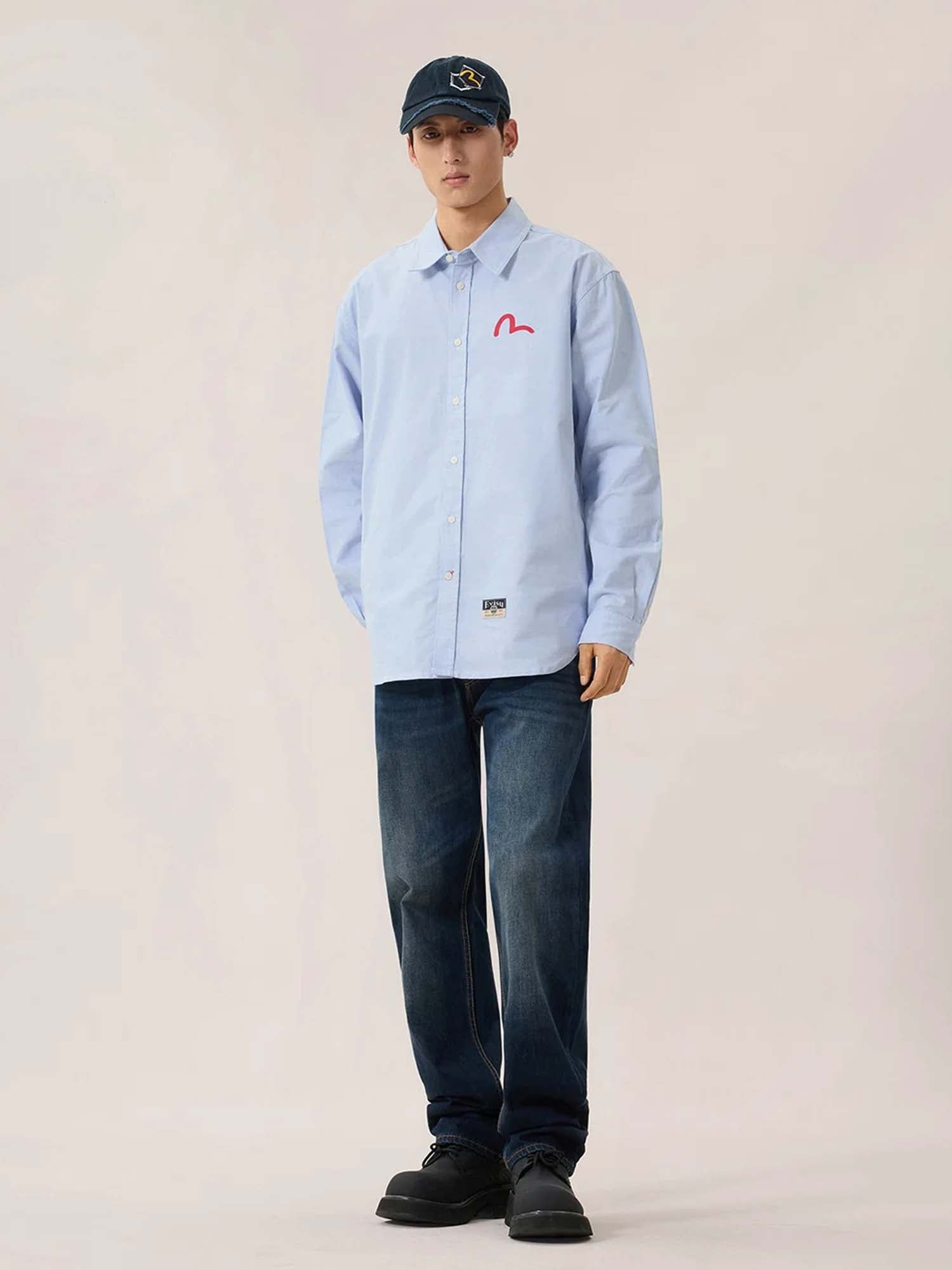 Evisu Camicia Seagull Print Oxford Blu