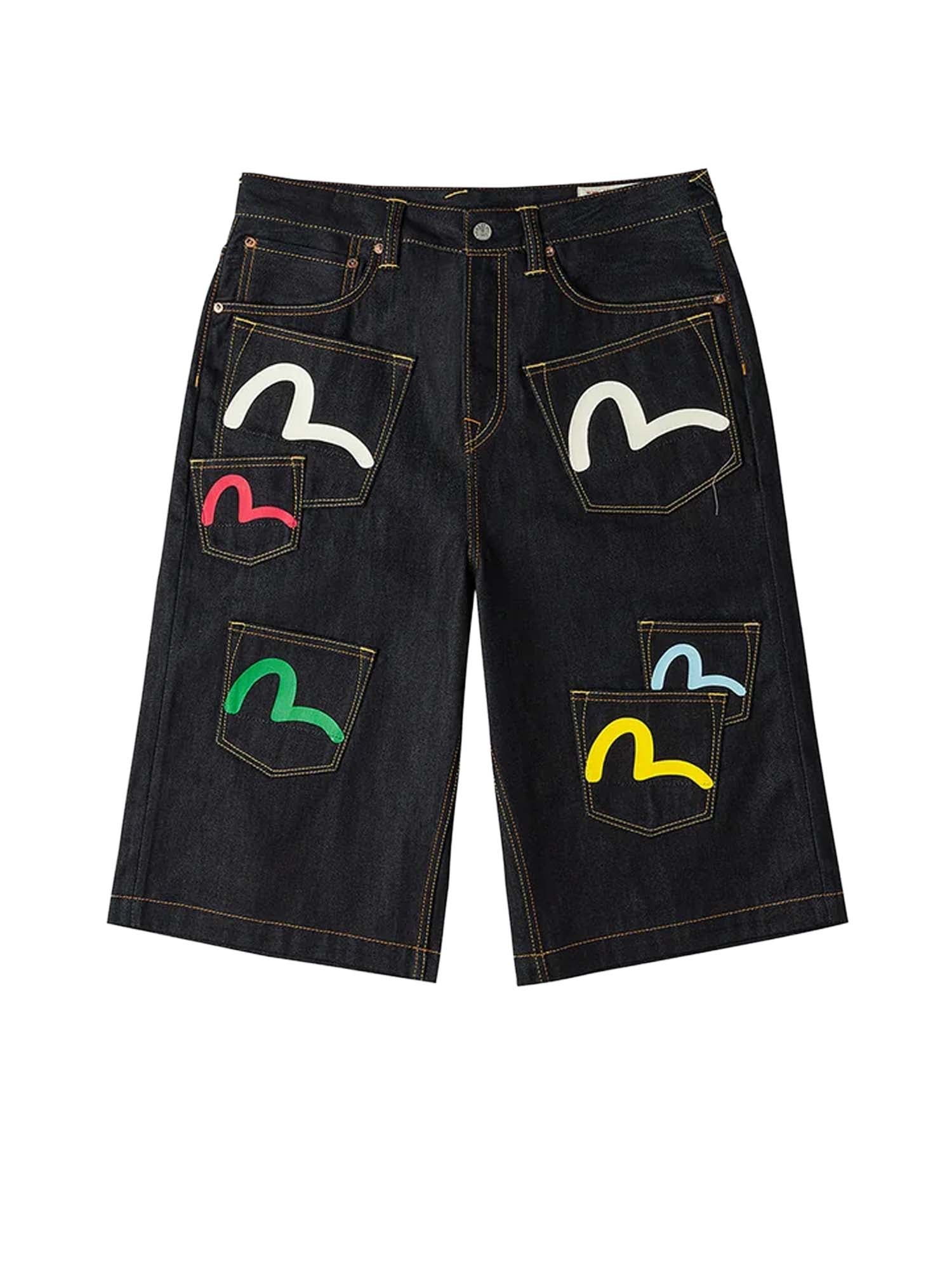 Evisu Shorts Seagull Print and Multi-Pocket Fashion Fit Denim Blu