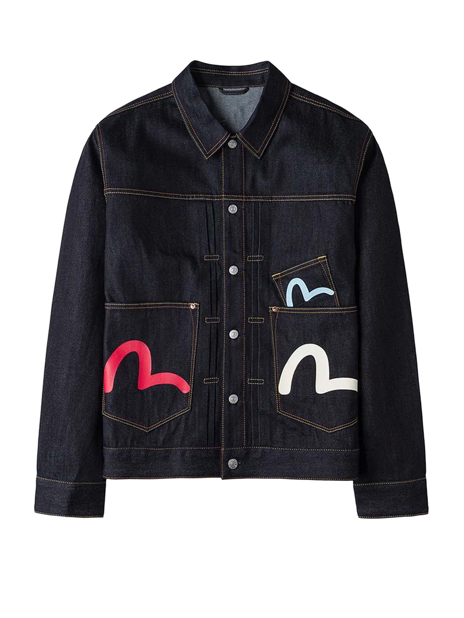 Evisu Giacca Seagull Print and Multi-Pocket Relax Fit Denim Blu
