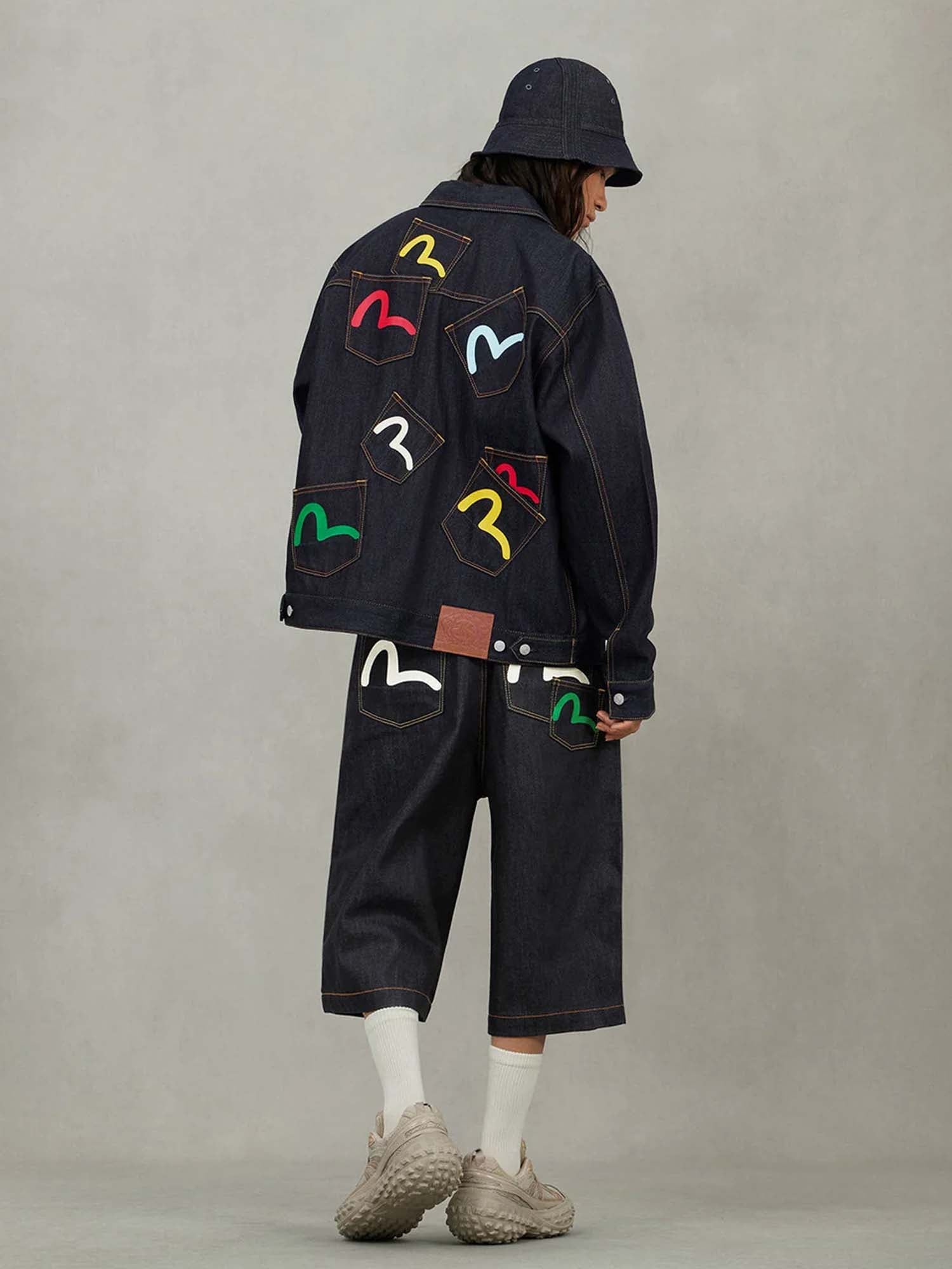 Evisu Giacca Seagull Print and Multi-Pocket Relax Fit Denim Blu