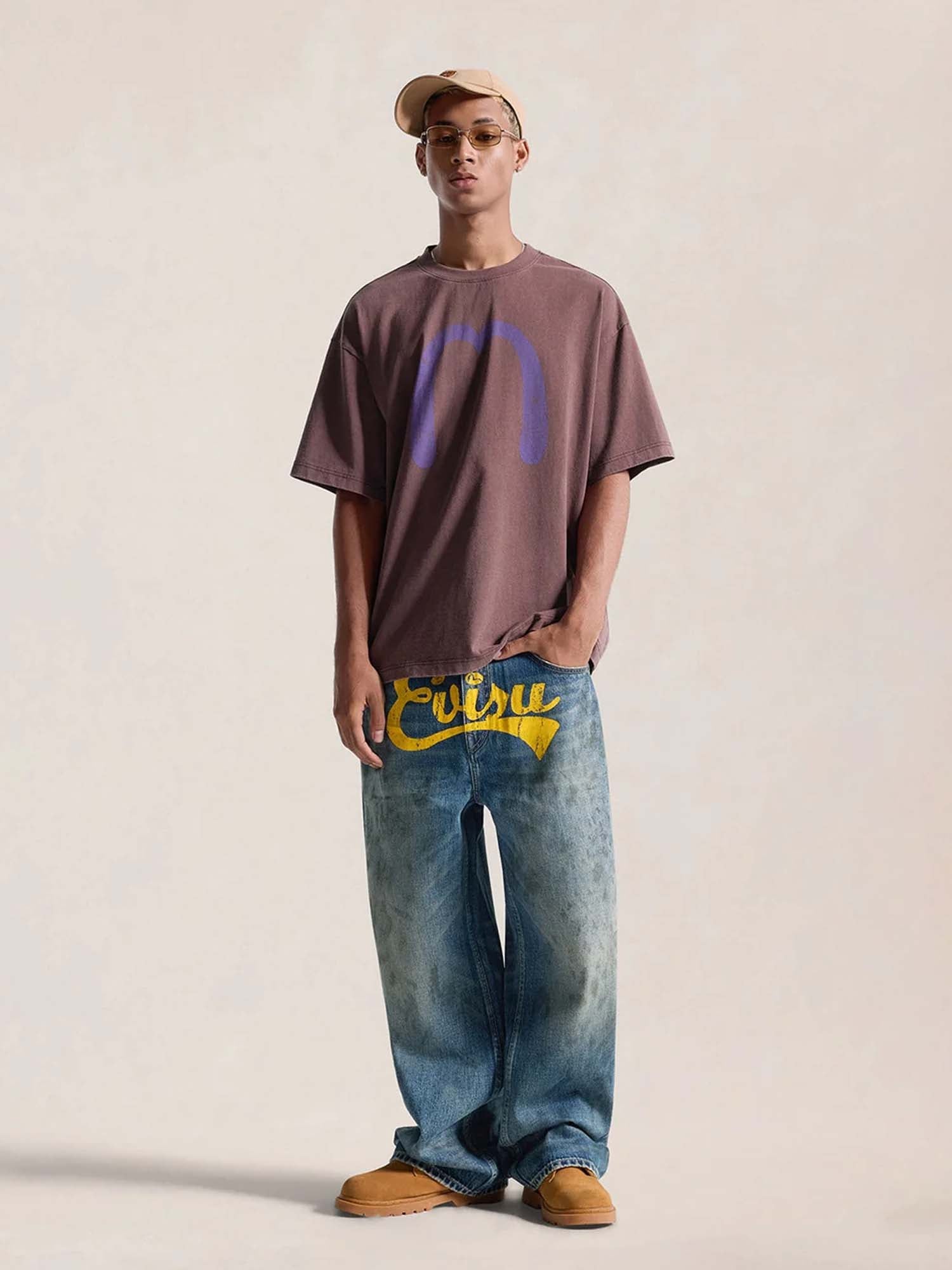Evisu Jeans Oil Stain Evisu Logo Loose Fit Blu
