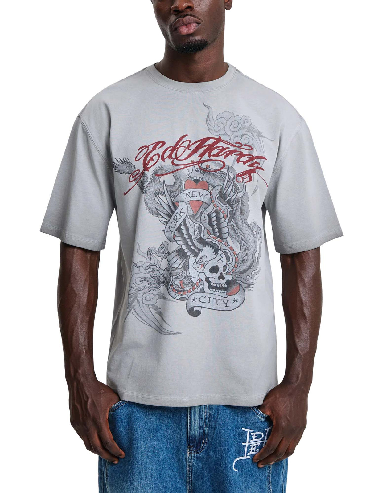 Ed Hardy T-Shirt Oil Wash Storming New York Graphic Relaxed Grigio