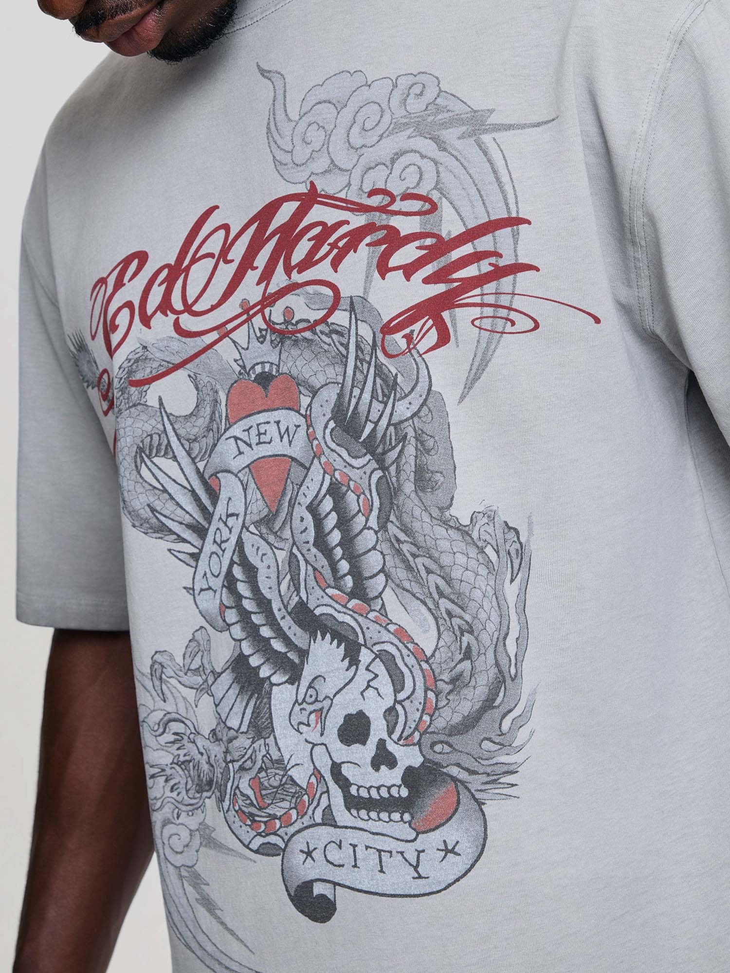 Ed Hardy T-Shirt Oil Wash Storming New York Graphic Relaxed Grigio