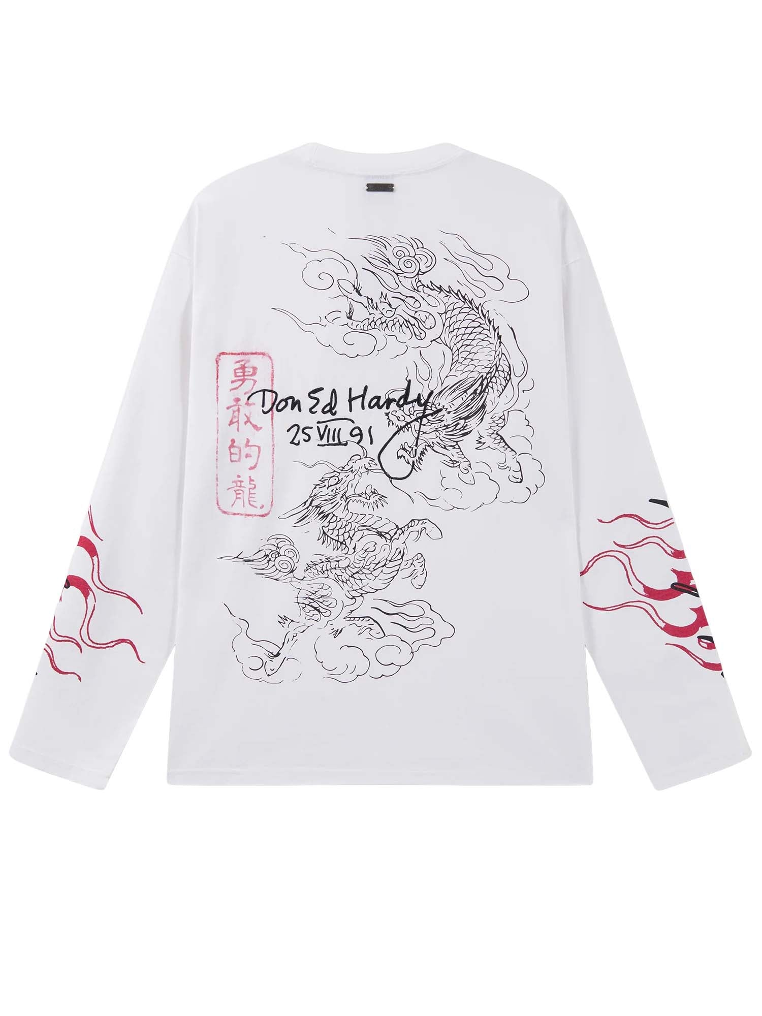 Ed Hardy T-Shirt a maniche lunghe Flying Twin Dragon Graphic Relaxed Bianco