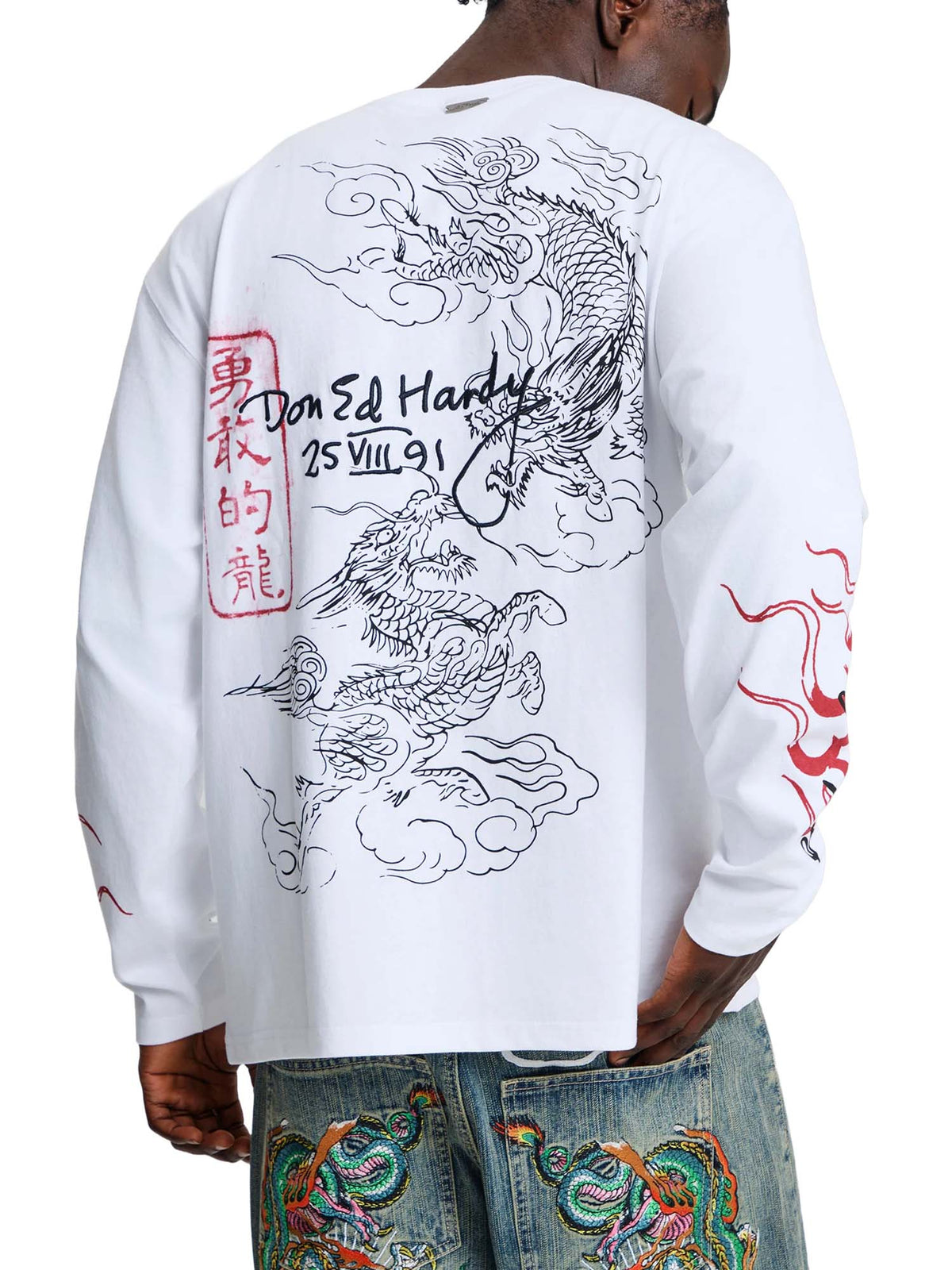 Ed Hardy T-Shirt a maniche lunghe Flying Twin Dragon Graphic Relaxed Bianco