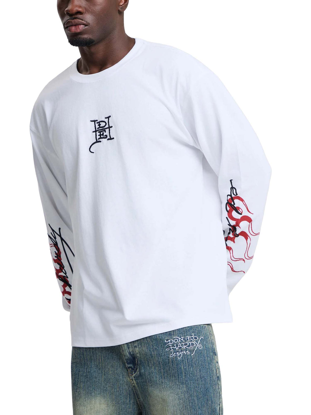Ed Hardy T-Shirt a maniche lunghe Flying Twin Dragon Graphic Relaxed Bianco