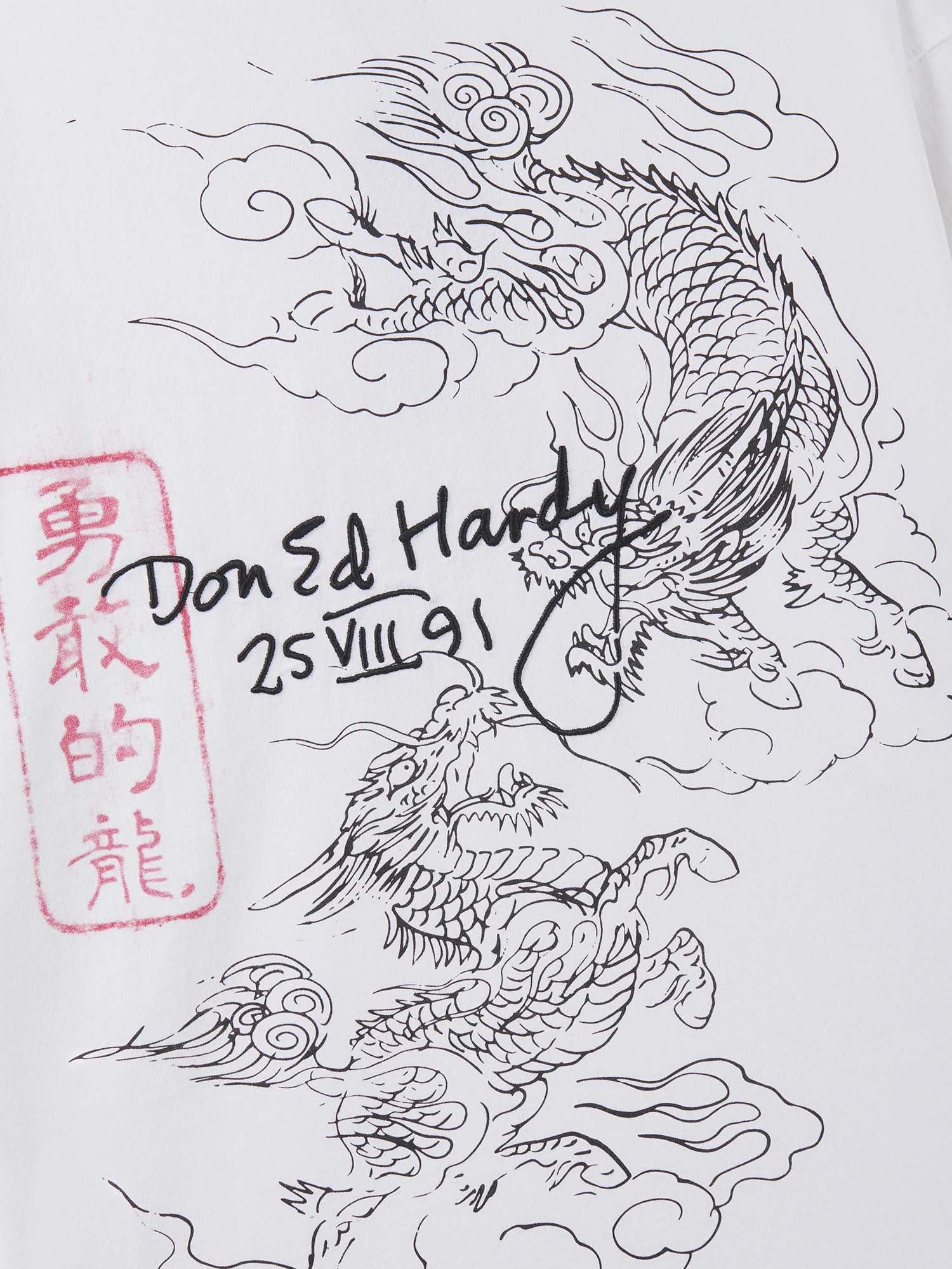 Ed Hardy T-Shirt a maniche lunghe Flying Twin Dragon Graphic Relaxed Bianco