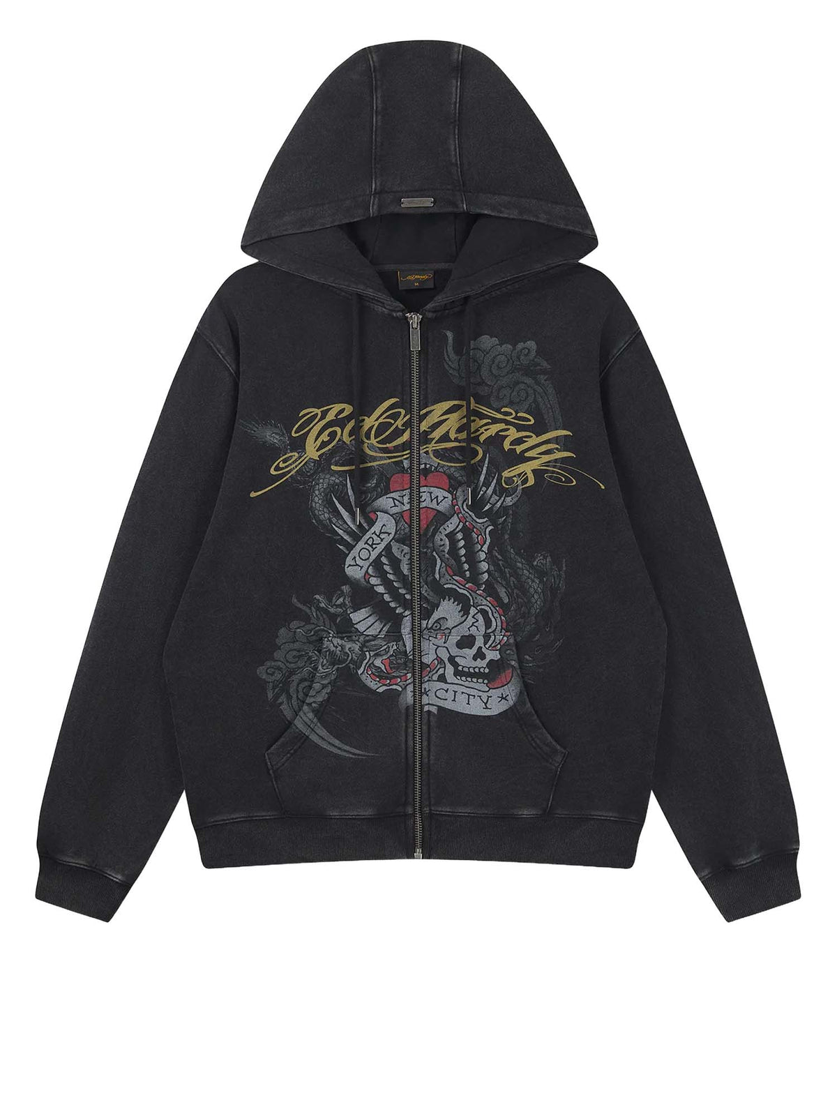 Ed Hardy Felpa con zip Storming New York Washed Relaxed Nero