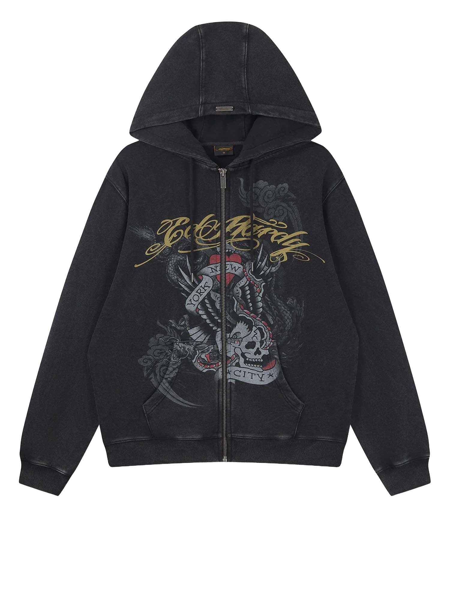 Ed Hardy Felpa con zip Storming New York Washed Relaxed Nero