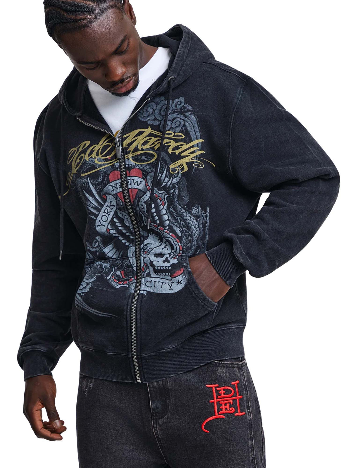 Ed Hardy Felpa con zip Storming New York Washed Relaxed Nero