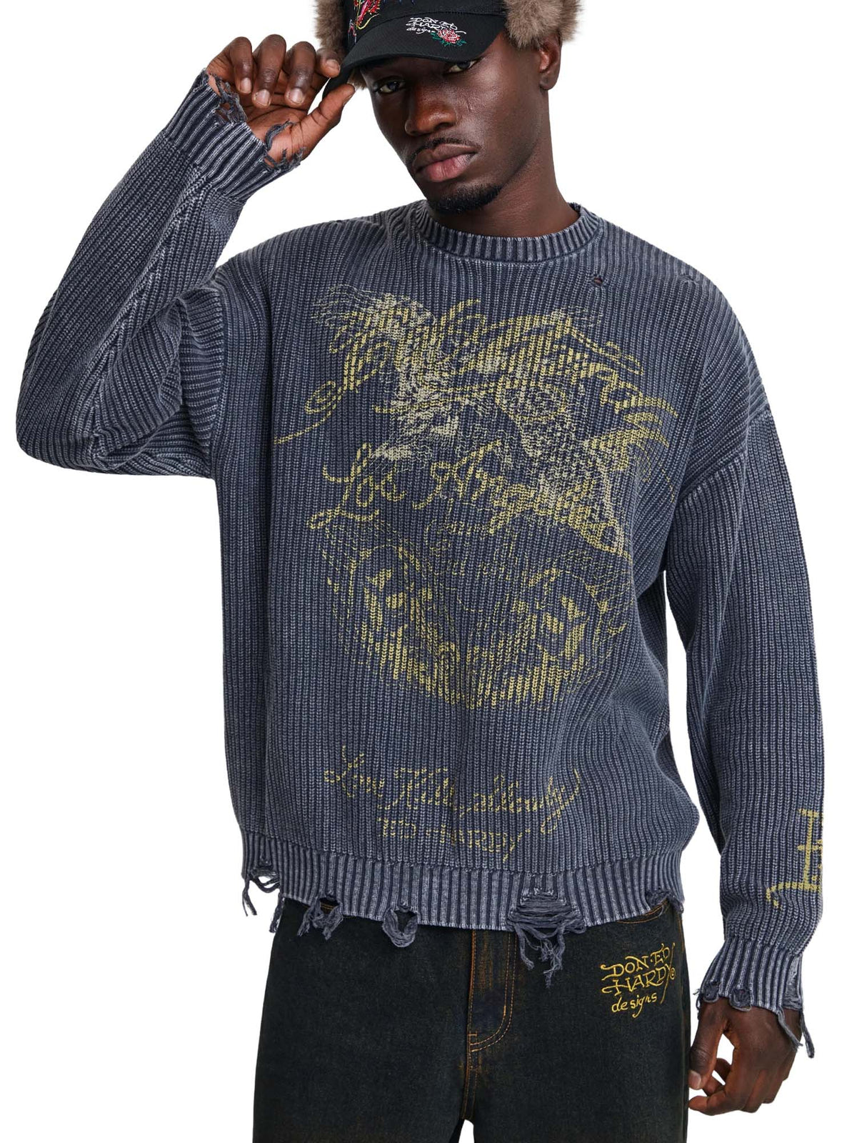 Ed Hardy Maglione Distressed Los Angeles Knitted Relaxed Crew Nero