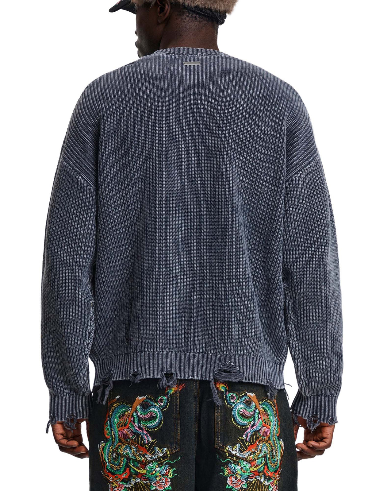 Ed Hardy Maglione Distressed Los Angeles Knitted Relaxed Crew Nero