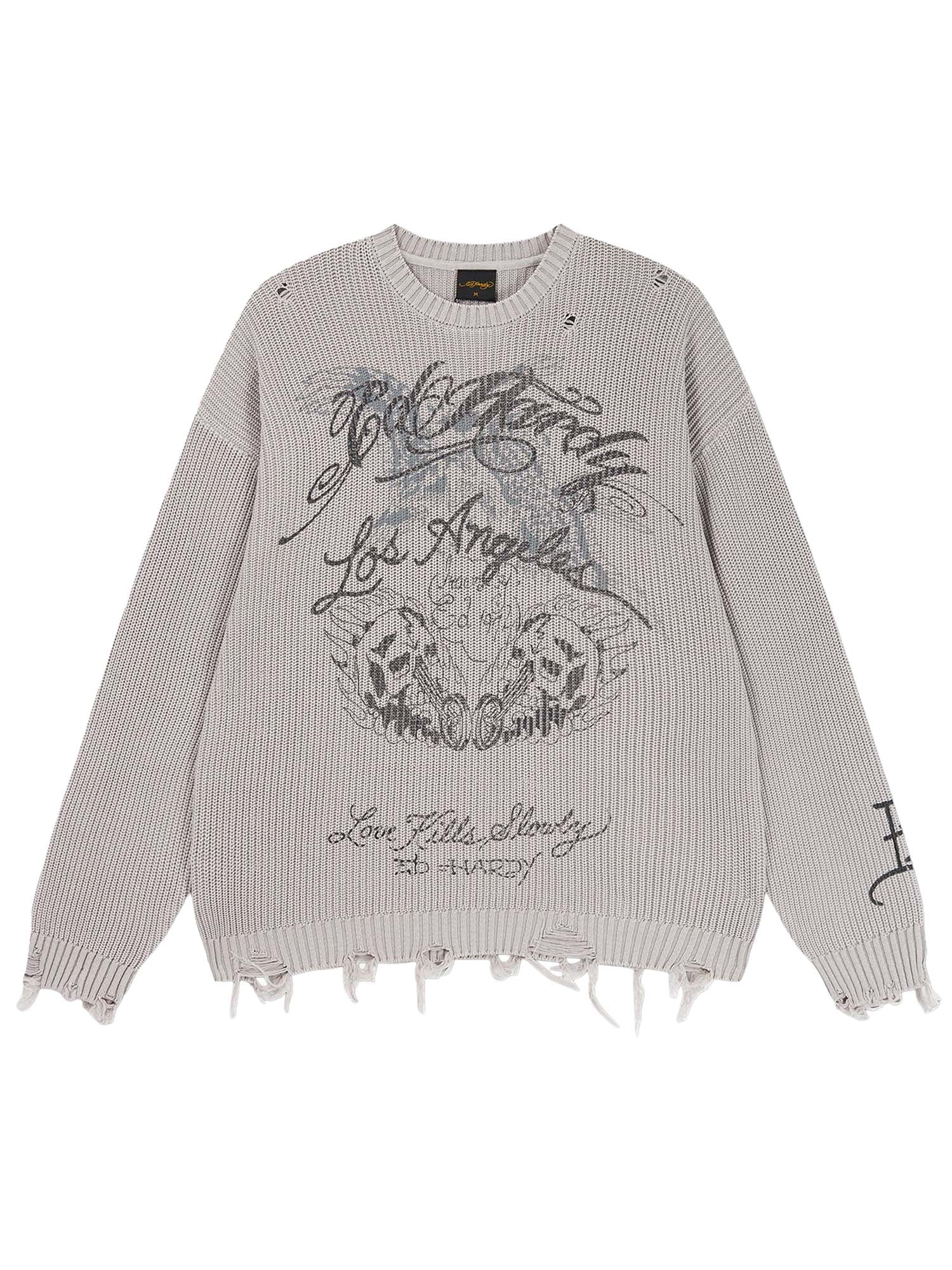 Ed Hardy Maglione Distressed Los Angeles Knitted Relaxed Crew Grigio