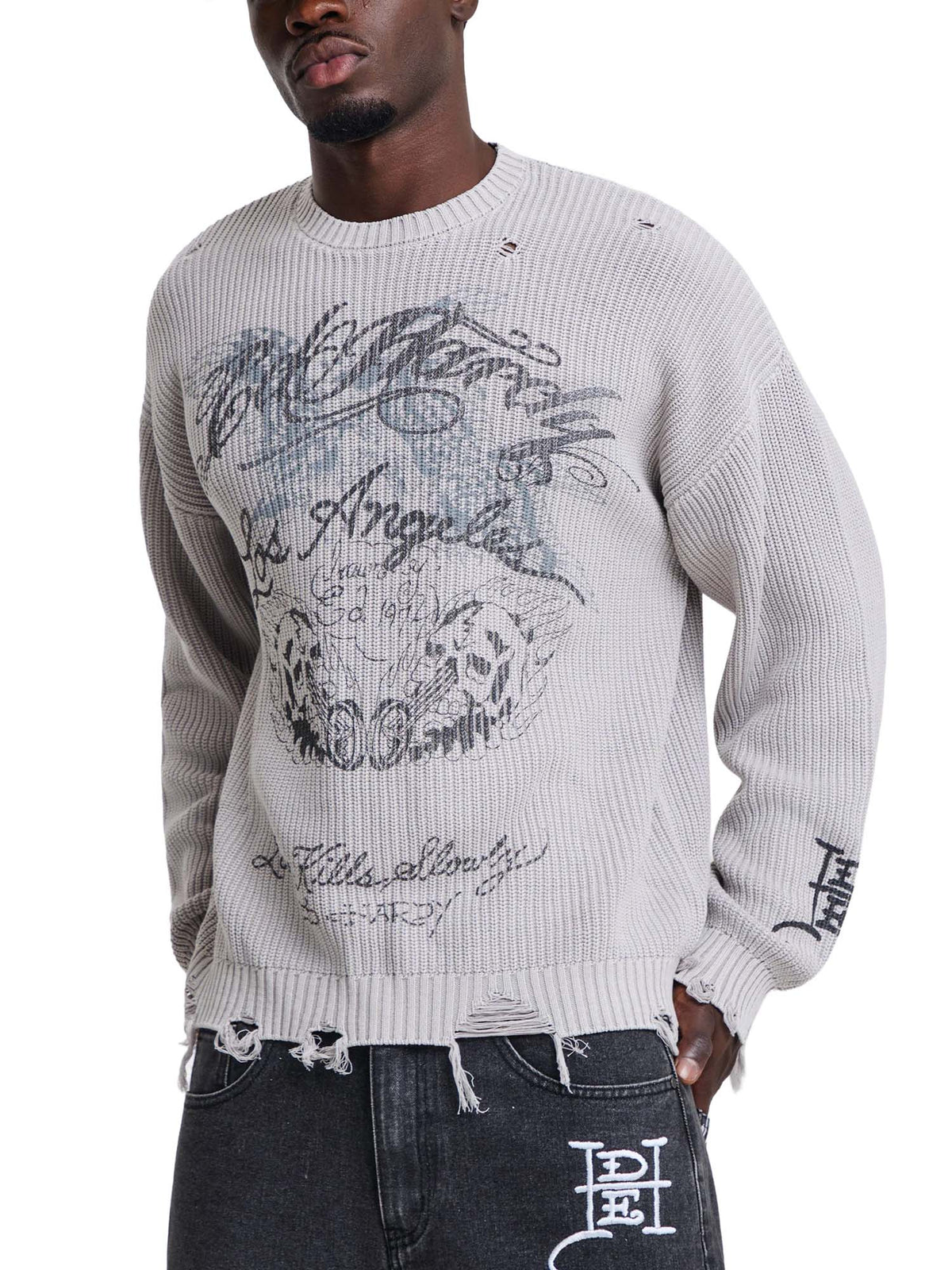 Ed Hardy Maglione Distressed Los Angeles Knitted Relaxed Crew Grigio