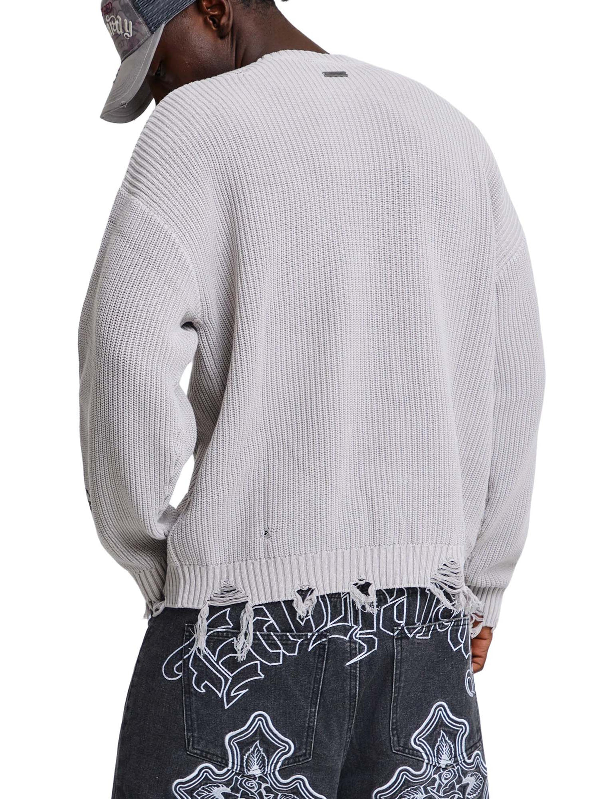 Ed Hardy Maglione Distressed Los Angeles Knitted Relaxed Crew Grigio
